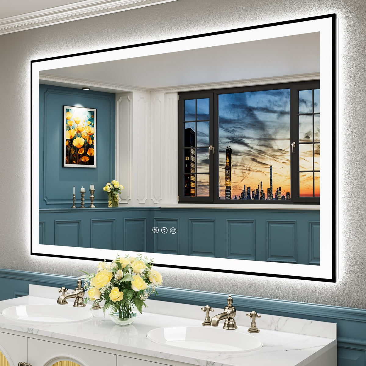Awandee 55X36 Led Bathroom Mirror With Lights, Black Framed Front And Backlit Led Mirror For Bathroom, Anti-Fog Lighted Mirror,