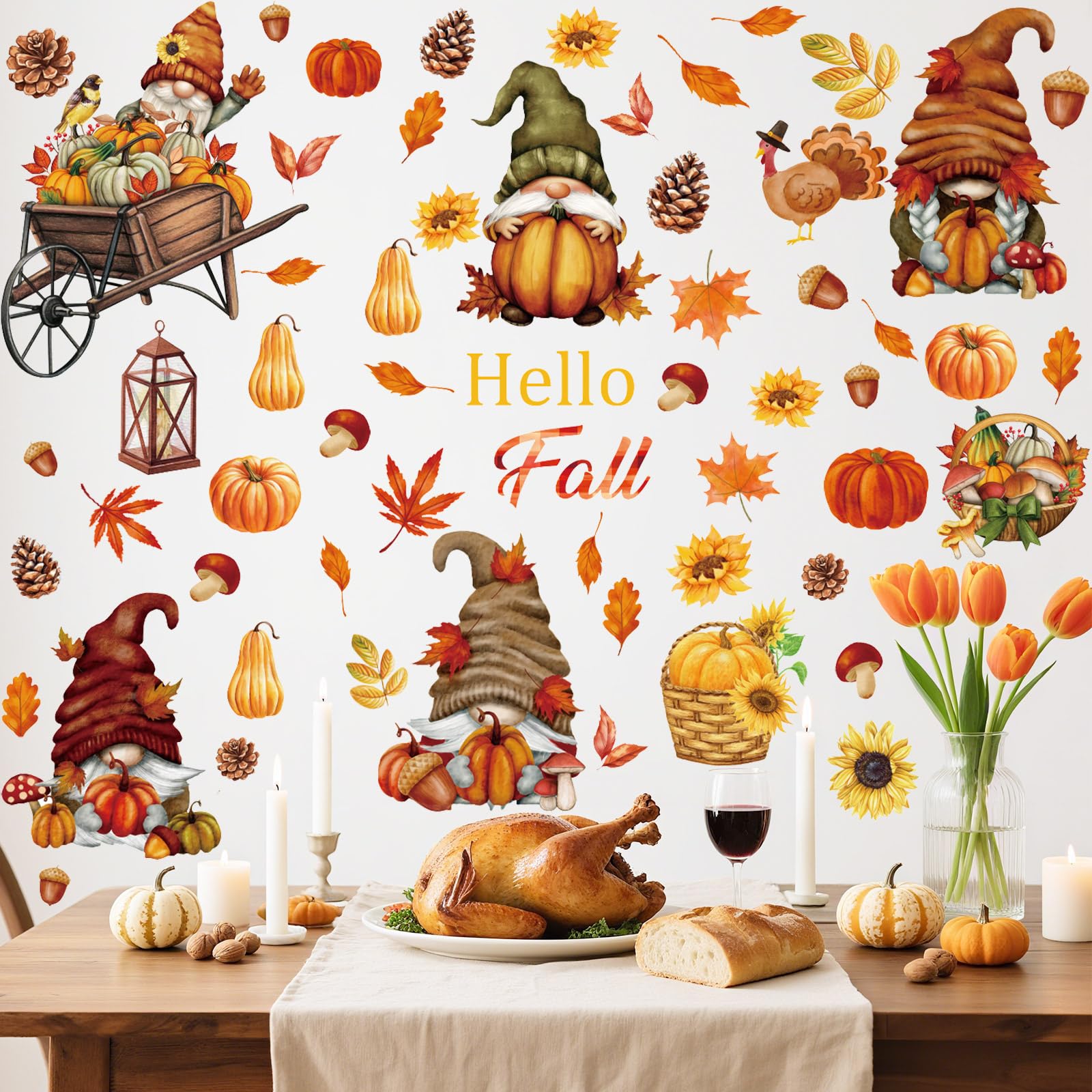 Aurlan Hello Fall Gnomes Window Clings,Thanksgiving Window Clings,Autumn Pumpkin Wall Stickers,Maple Leaves Wall Decals,Fall Lea