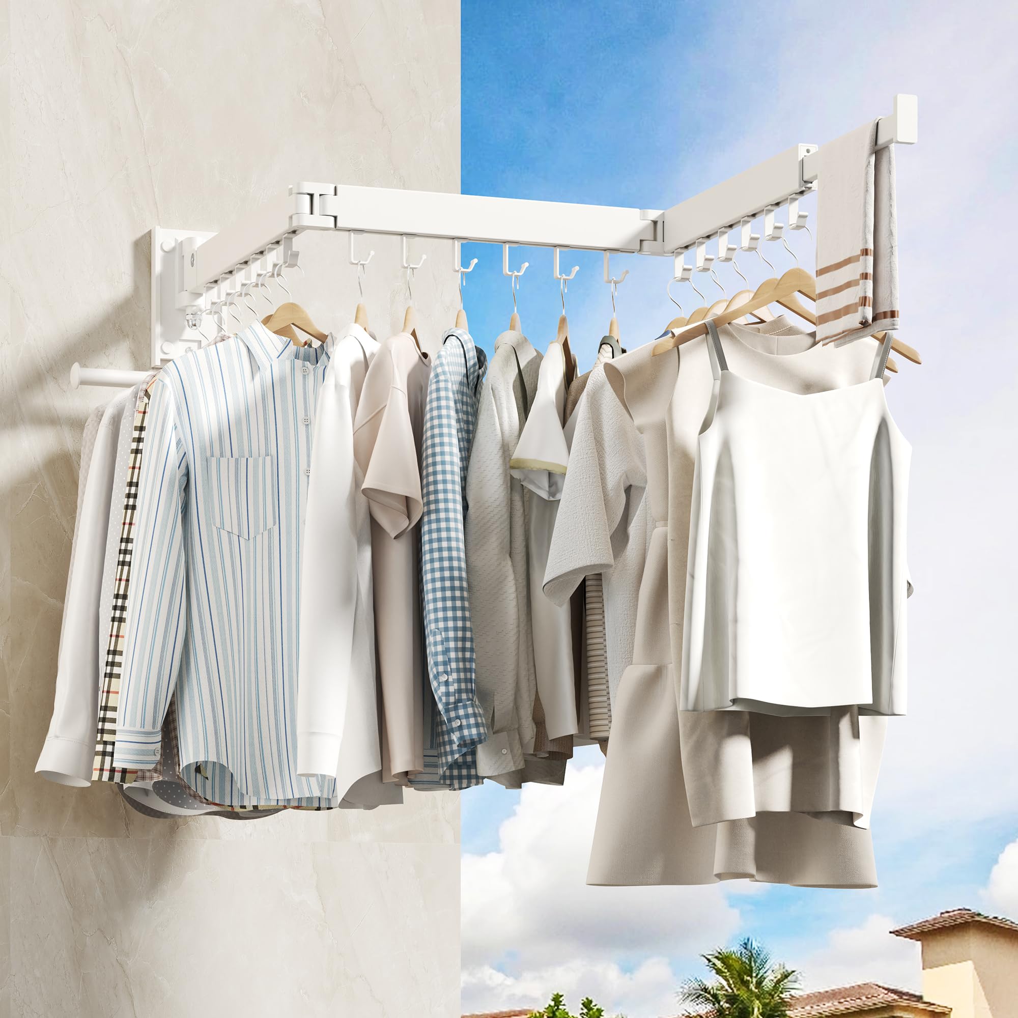 HEILAIYI Wall Mounted Clothes Hanger Clothes Drying Rack Laundry Drying Rack Clothes Rack Wall Mount Drying Rack Clothing Retractable Collapsible can Fold Upward & Left & Right (Upgrade-White)