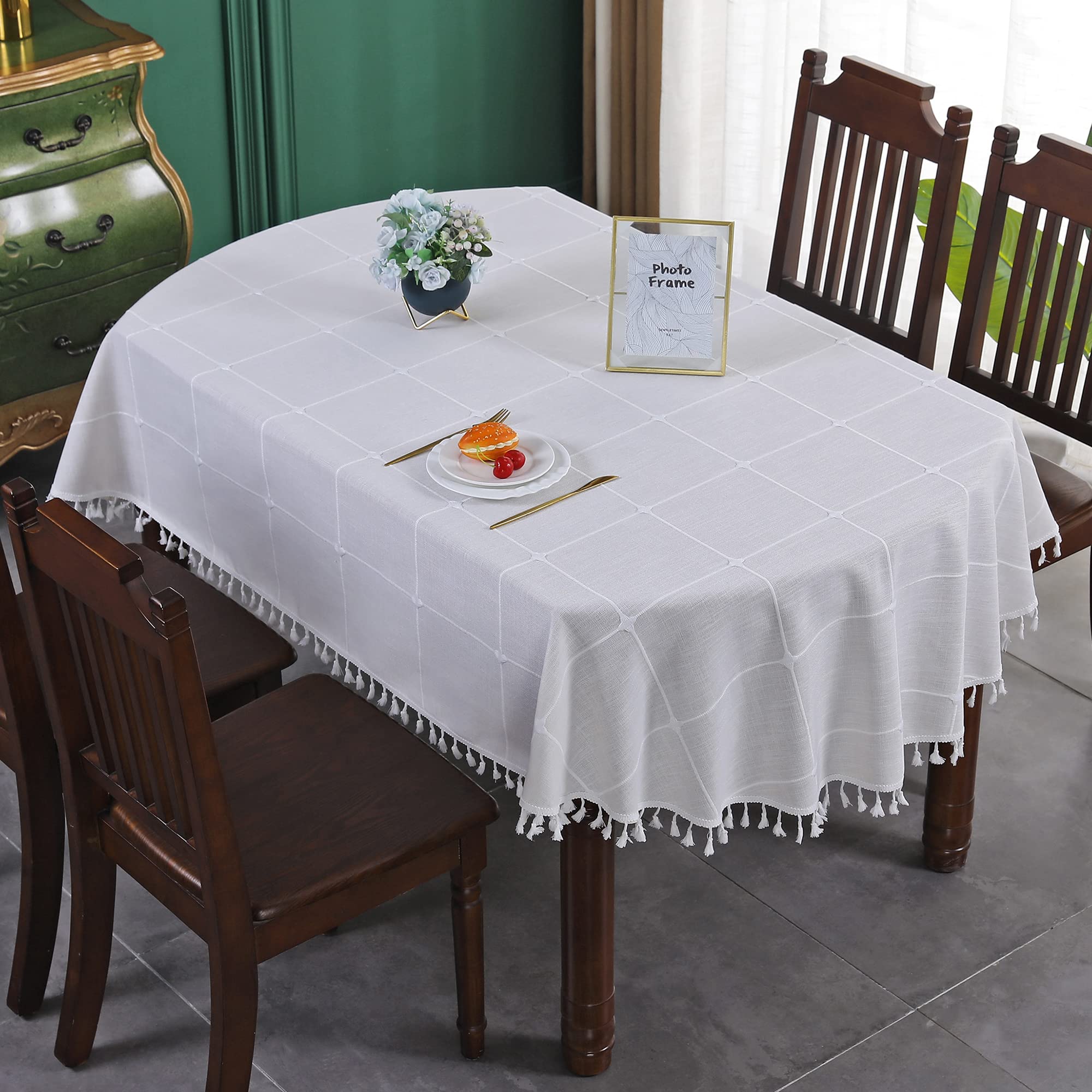 Farmhouse Checkered Embroidery Lattice Oval Tablecloth with Tassel Heavy Duty Rustic Fabric Table Cover Wrinkle Resistant Washable Kitchen Dining Party Wedding Decoration 60 x 102 Inch