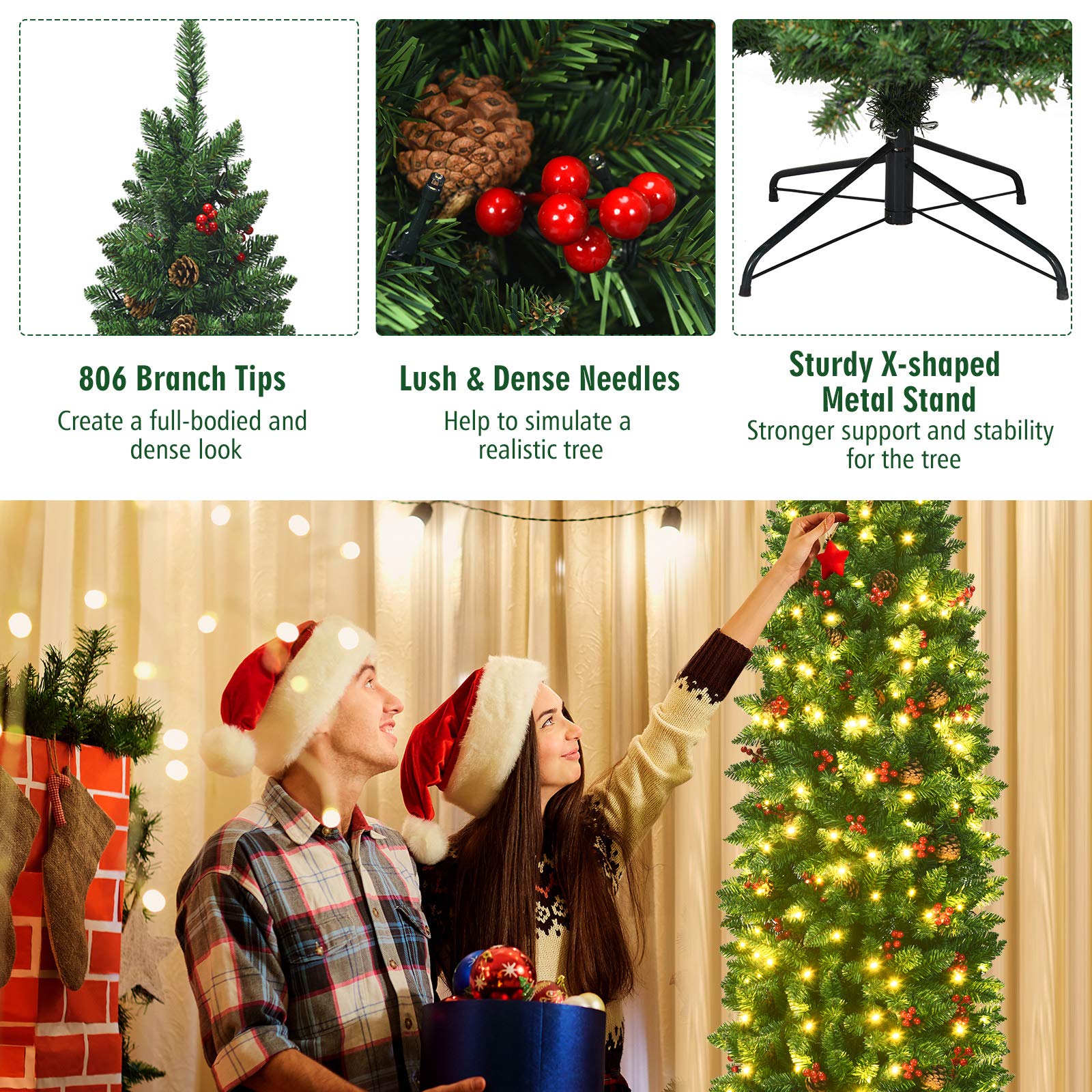 DREAMADE 6.5ft Pre-Lit Artificial Pencil Christmas Tree, Slim Xmas Tree w/ 806 PVC Branch Tips, 250 LED Lights, 62 Pine Cones& R