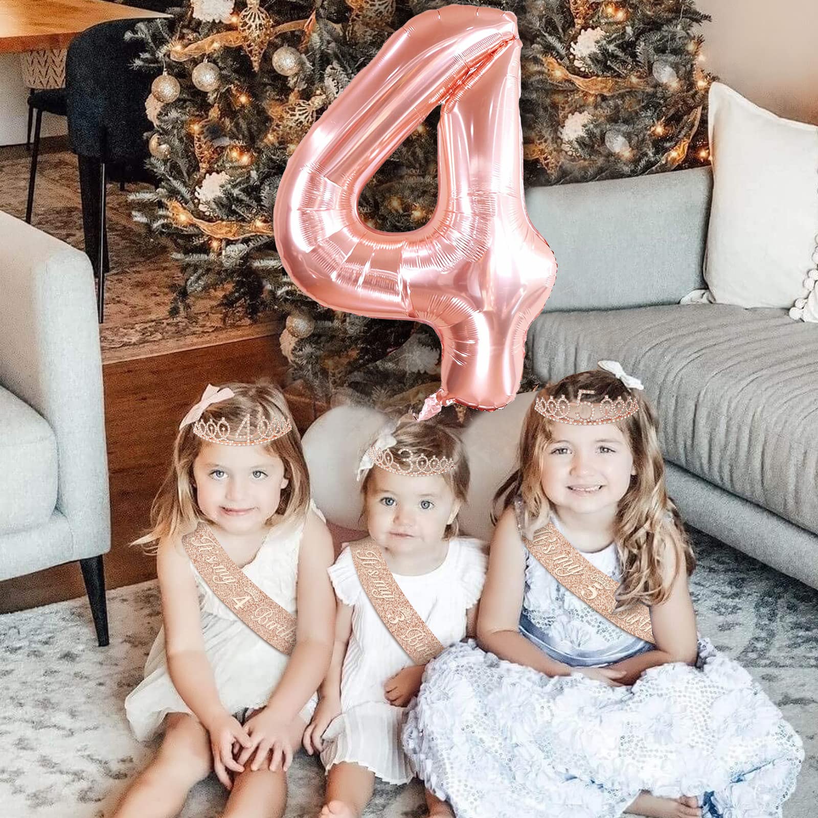 4Th Birthday Decorations For Girls, Including 4Th Birthday Sash And Tiara, 4Th Birthday Candles And Cake Toppers, Rose Gold 4 Ba