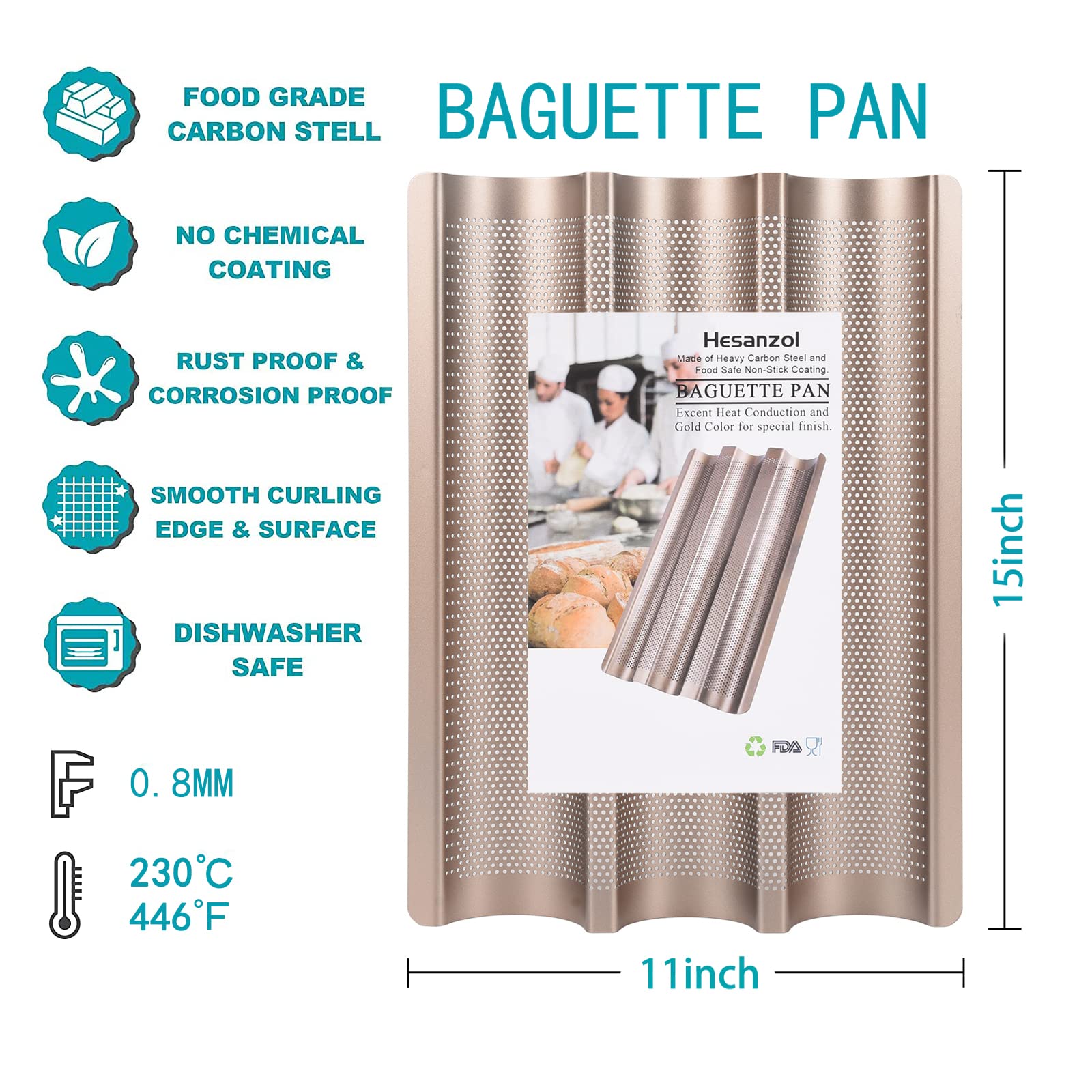 Hesanzol Baguette Pans For Baking 15'' X 11'', Carbon Steel 3 Loaf Nonstick Baguette Baking Tray For French & Italian Perforated