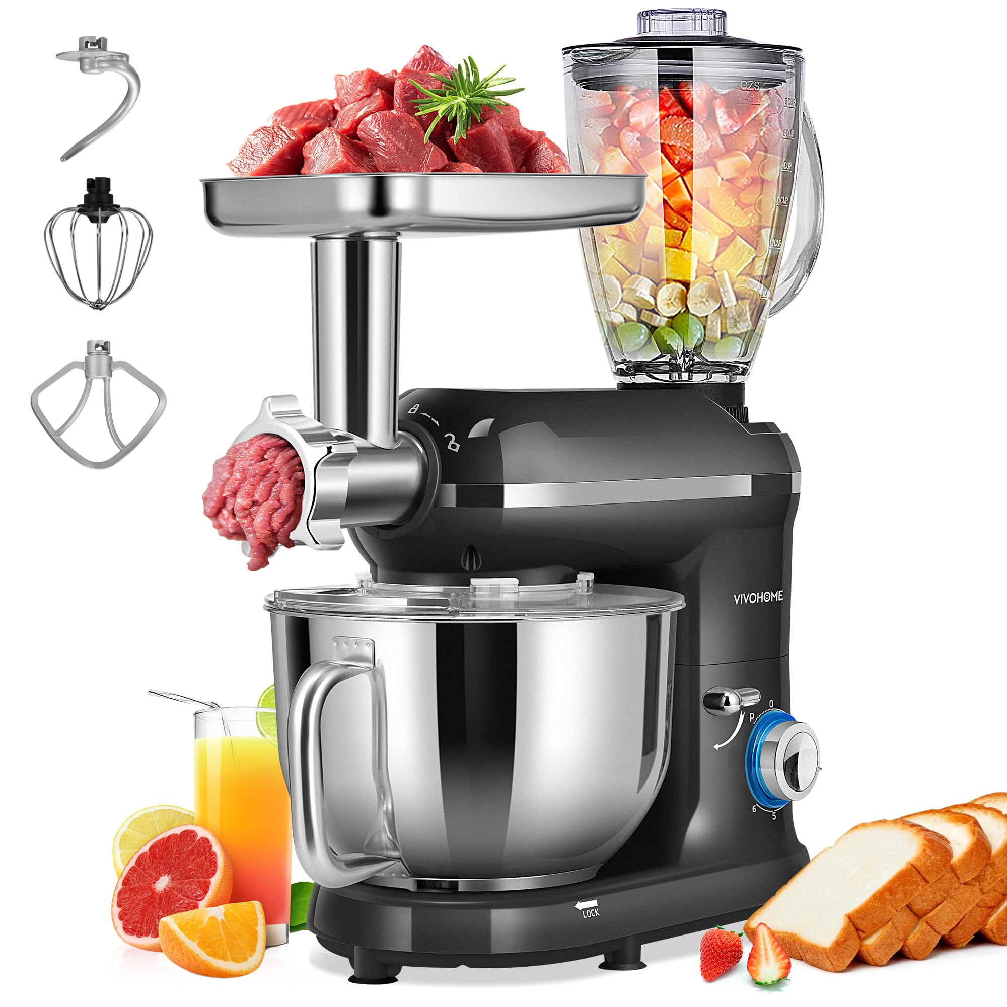 VIVOHOME 3 in 1 Multifunctional Stand Mixer with 6 Quart Stainless Steel Bowl, 650W 6 Speed Tilt-Head Meat Grinder, Juice Blende