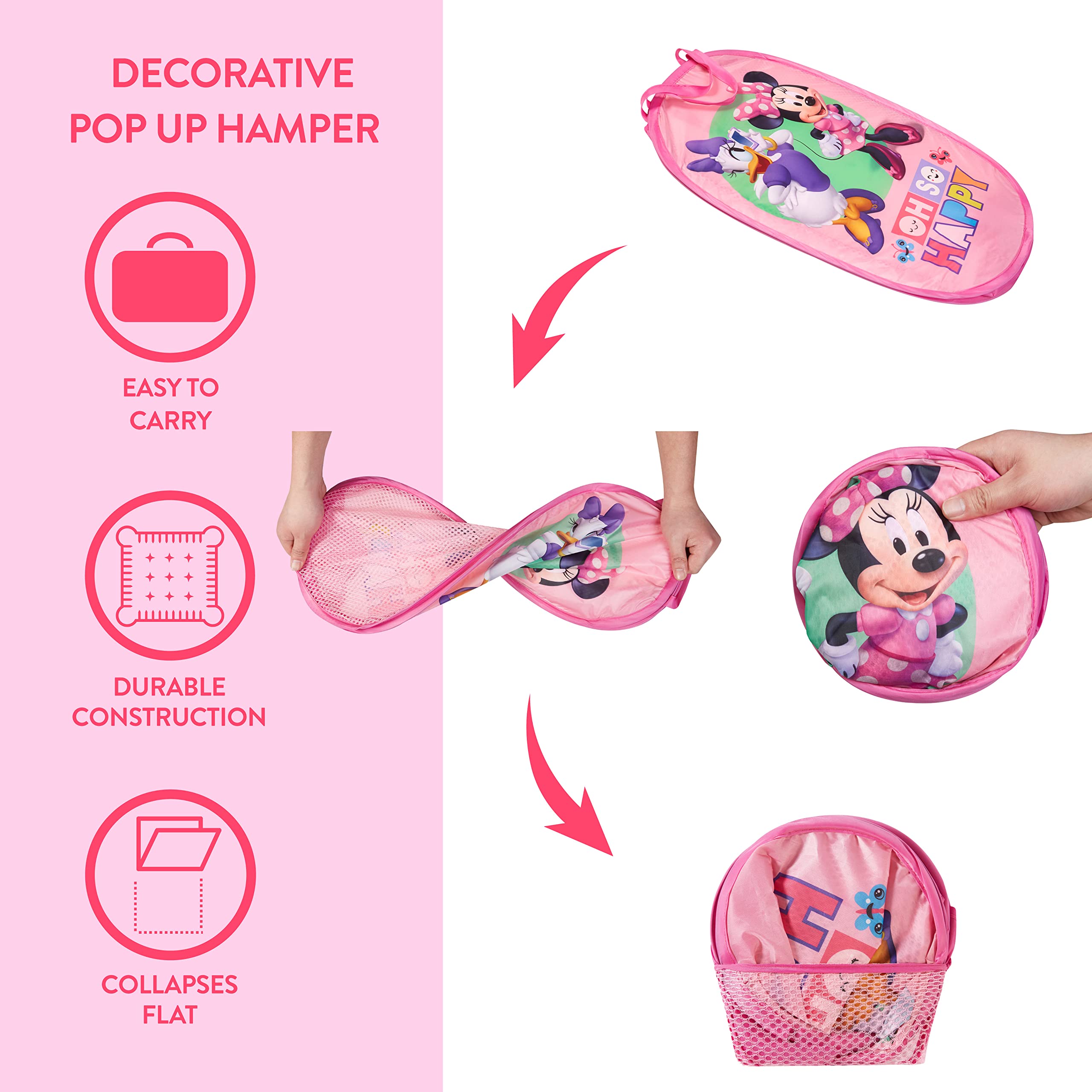 Disney Minnie Mouse Pop-Up Hamper,Oh So Happy    Design, 21   H x 13.5   W x 13.5   L, Durable & Collapsible Laundry Basket with