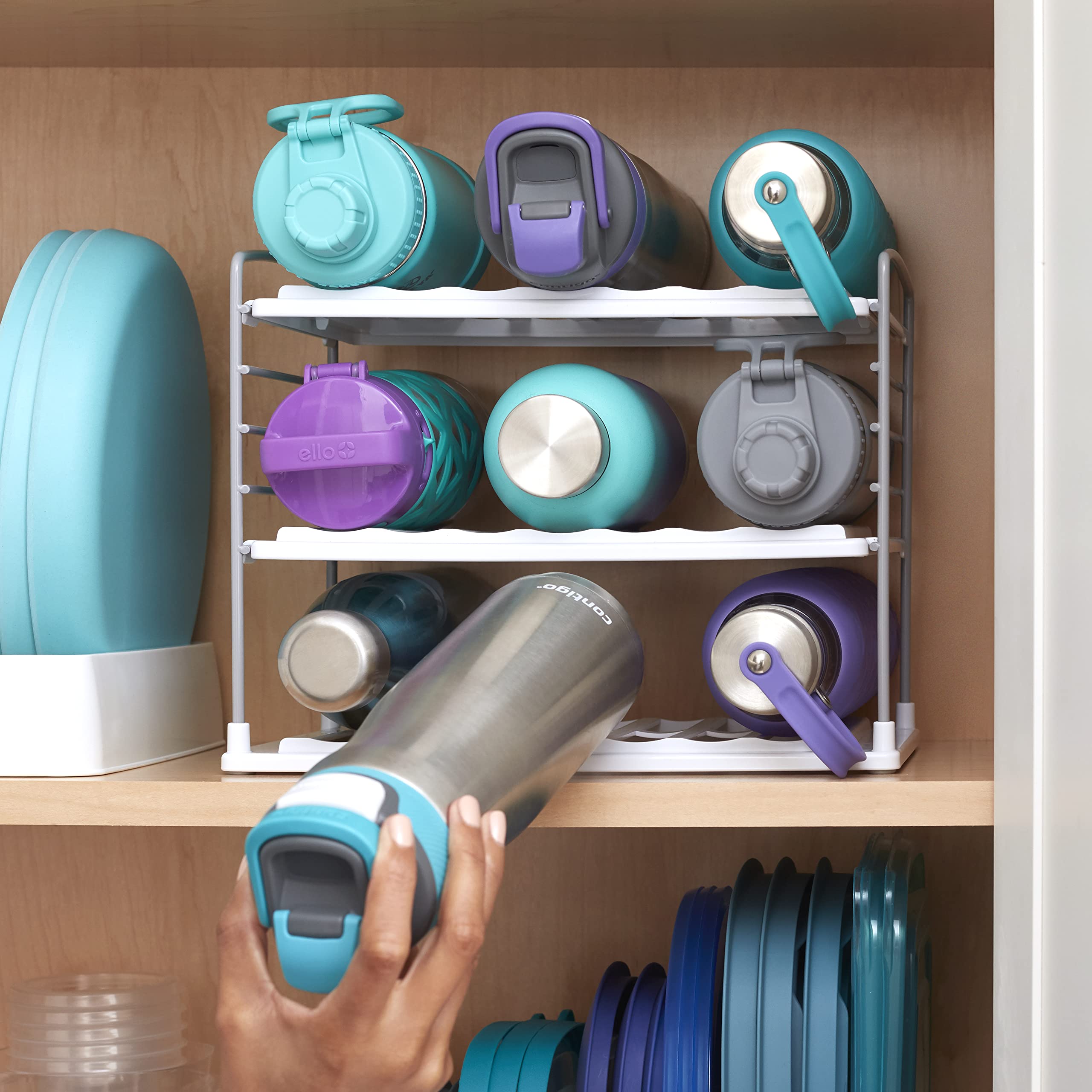 Youcopia Upspace Water Bottle And Travel Mug Cabinet Organizer, Adjustable Storage Rack For Kitchen Organization, 3-Shelf