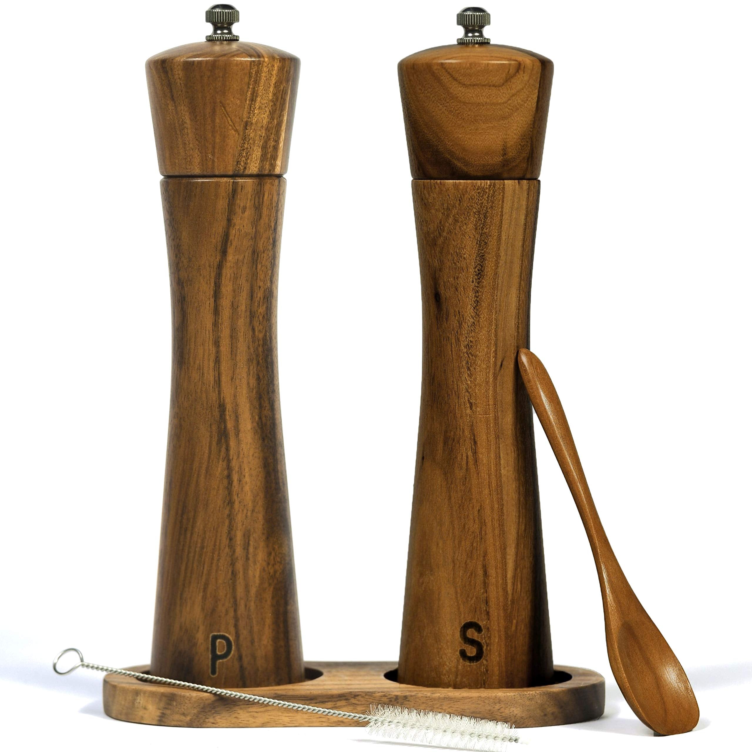Finnhomy Salt And Pepper Grinder Set, Acacia Wood Adjustable Coarseness Pepper Mill With Wooden Stand, Cleaning Brush & Spoon, P