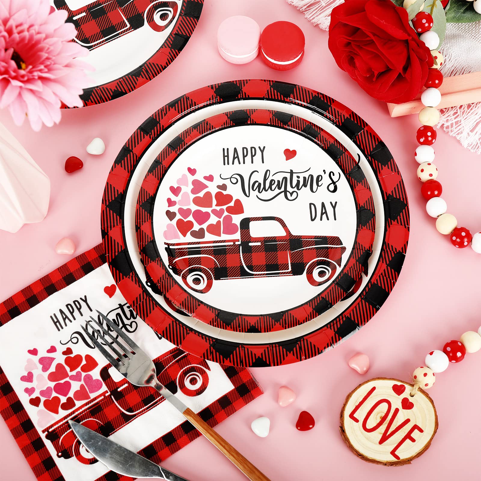 Whaline 100Pcs Valentine'S Day Tableware Set Buffalo Plaid Heart Truck Disposable Dinnerware Set 50Pcs Paper Plates 25Pcs Napkin