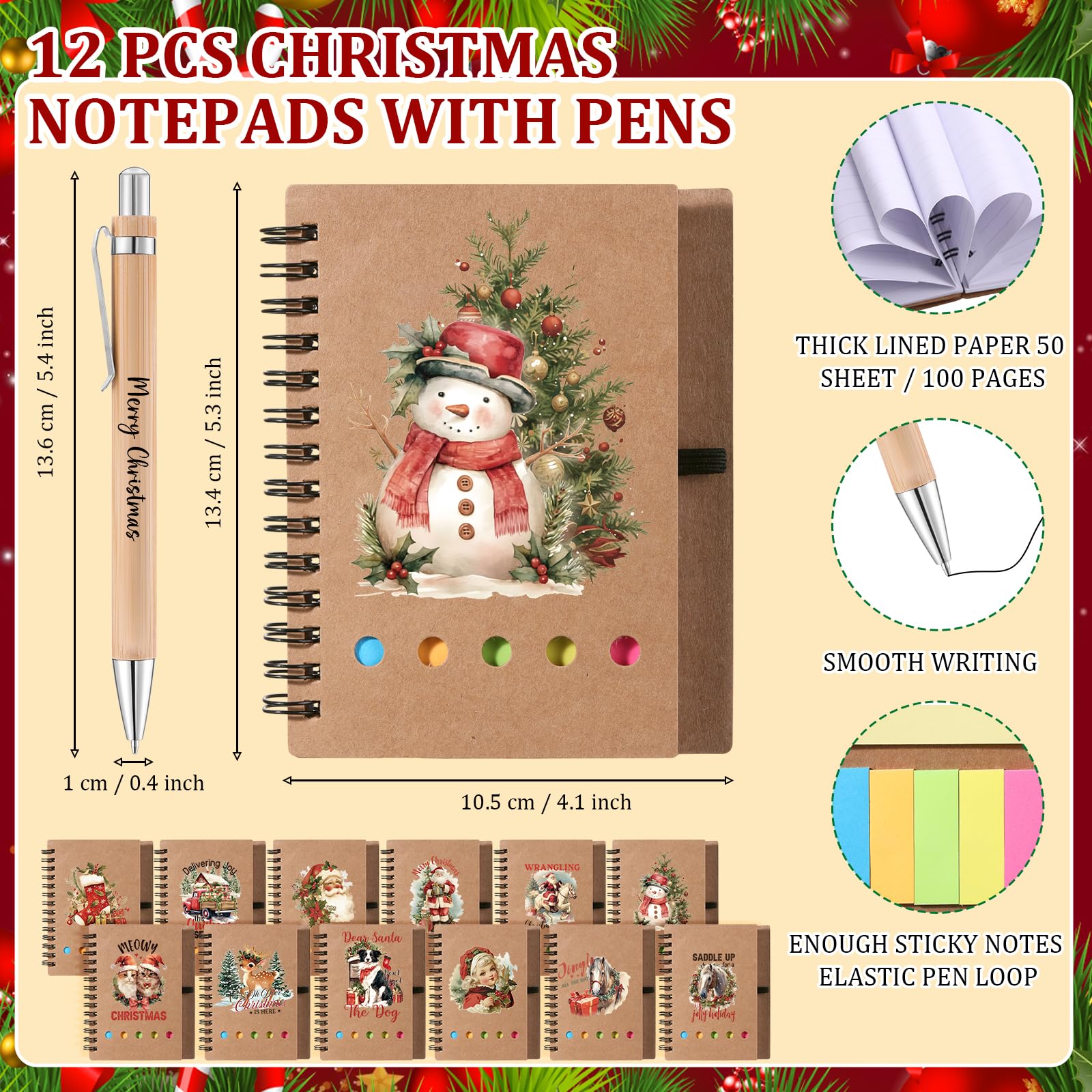 Skylety 12 Set Christmas Gifts Bulk 16 oz Santa Glass Cups with Lids Straws Xmas Notebook Sticky Note Pens for Women Students Sc