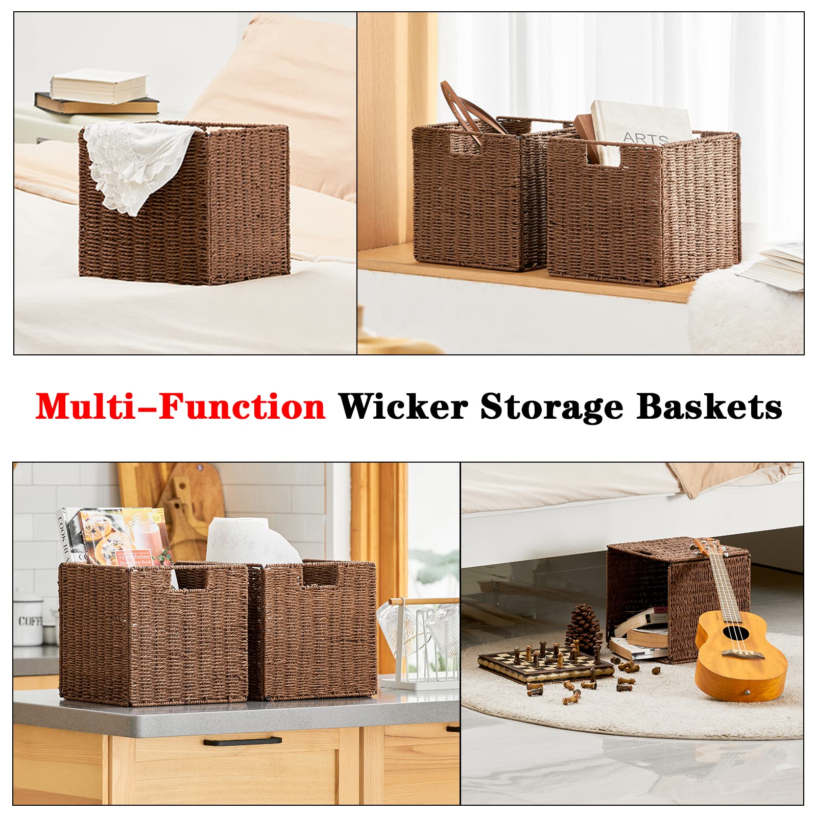 Vagusicc Wicker Baskets, Set Of 2 Hand-Woven Paper Rope Storage Baskets Woven, Foldable Cubby Storage Bins, Storage Basket For S