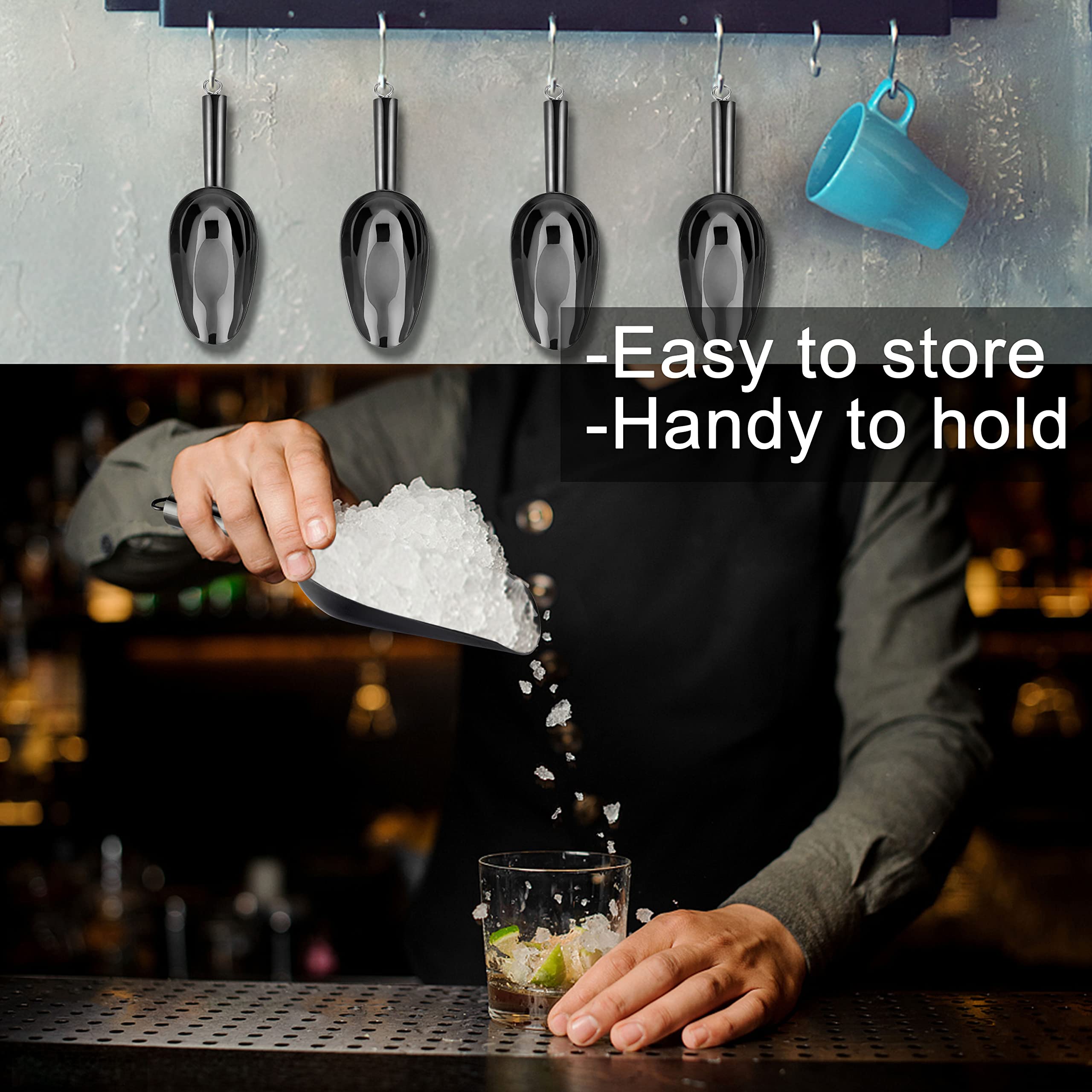 6 Ounce Ice Scoop Set Of 2, E-Far Platinum Black Stainless Steel Small Scoops For Ice Cube/Candy/Flour/Sugar, Metal Utility Scoo