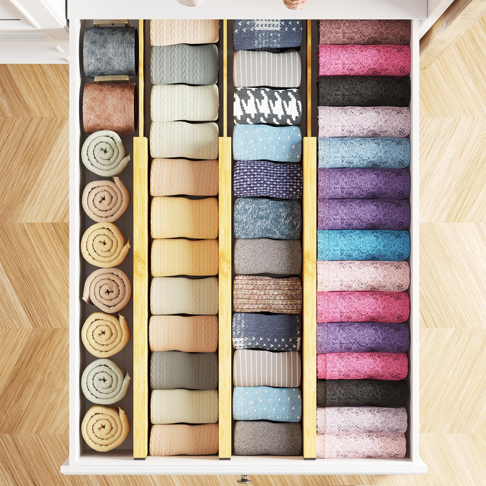 SpaceAid Bamboo Dresser Drawer Dividers 6 Pack, 4.65 High Adjustable 17-22    Drawer Organizers, Expandable Organization for Clo