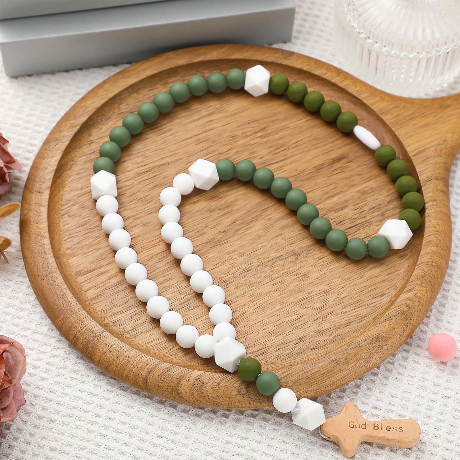 Misdary Baby Rosary Baptism Gift Silicone God Bless Kids First Rosary with Cross 1st Year Baptism Party Supply for Baby Shower C