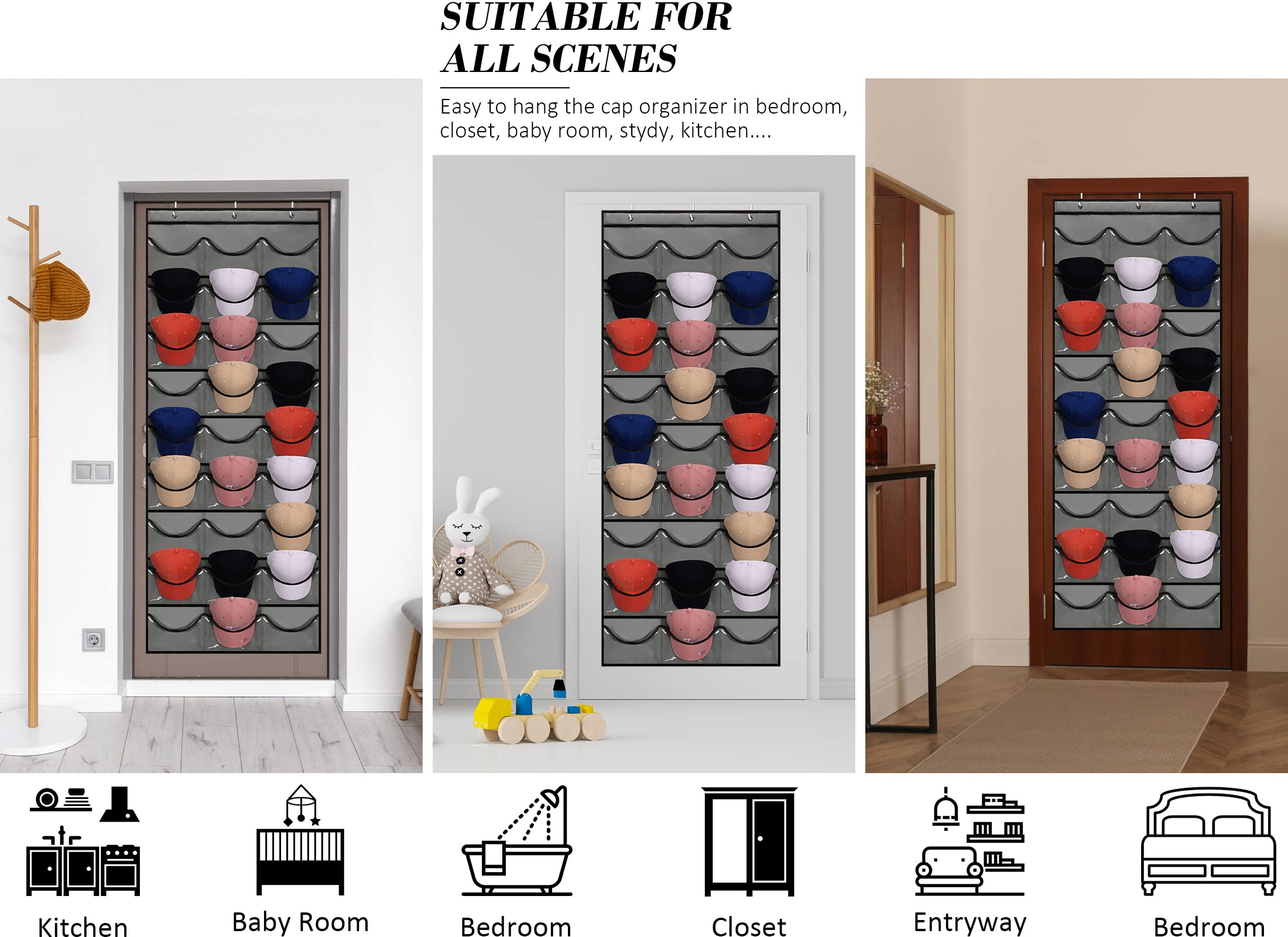 27 Pockets Hat Rack For Baseball Caps Hanging Hat Organizer Over The Door Hat Storage Organizer For Closet Wall With Large Clear