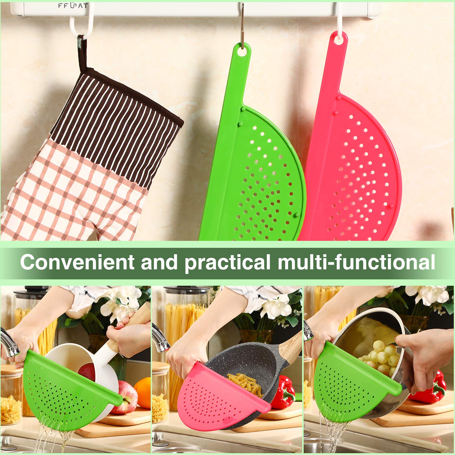 Boao 3-Piece Pot Drainer Set, Green Handheld Strainers for Pasta, Noodles, Fruits & Veggies, Fits Up to 9 Inches, Durable ABS Material