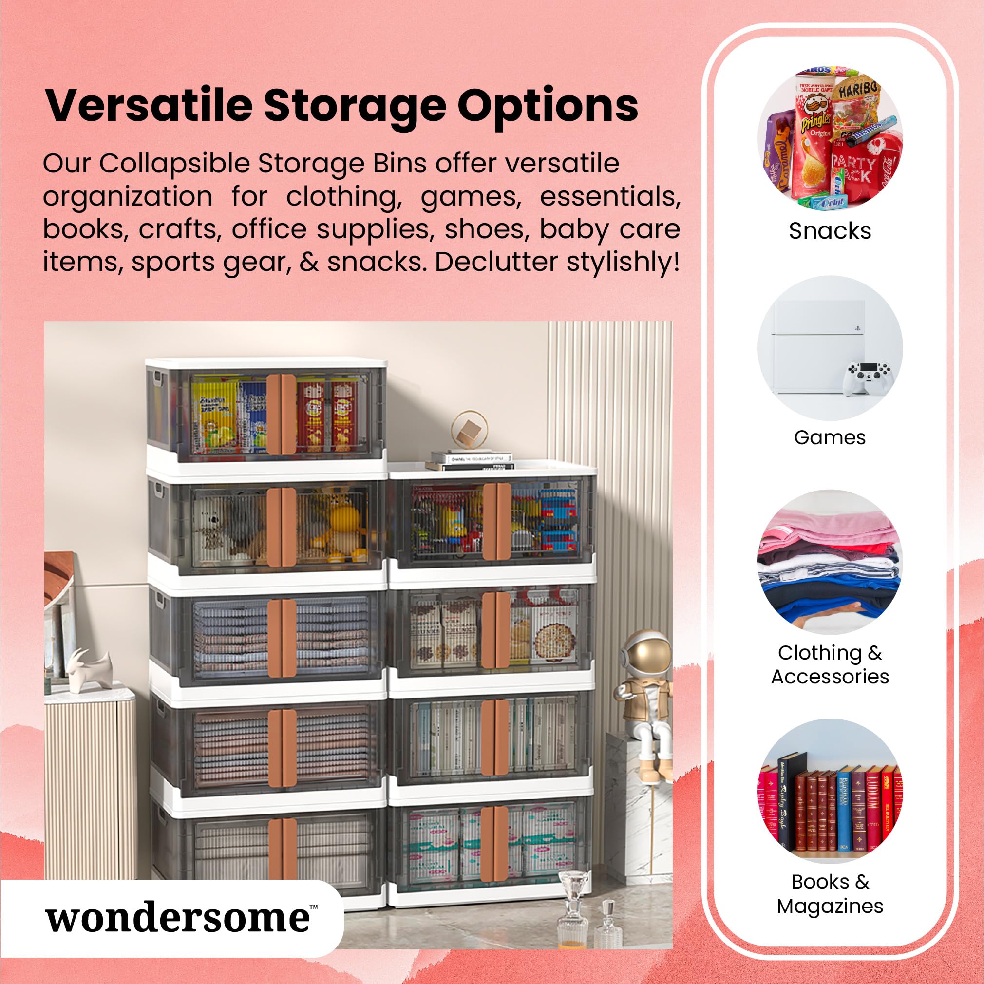 Wondersome Collapsible Storage Bins - 12-Pack Of Large 8.5-Gallon/33.8-Quart Stackable Wheeled Clothing, Shoe, Bedroom, Office O