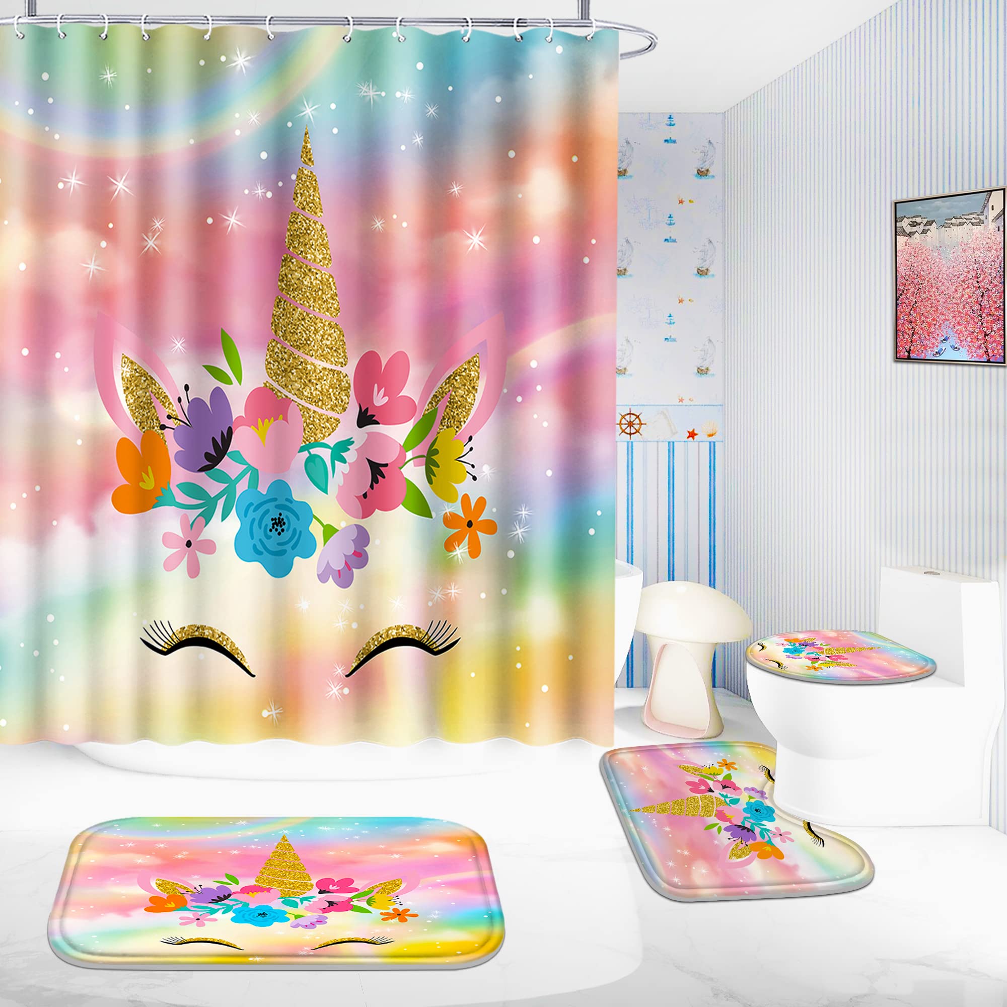 Poedist 4 Pcs Bathroom Shower Curtain Set Kids Bathroom Sets with Rugs(Bath Mat U Shape and Toilet Lid Cover Mat) and 12 Metal Hooks Multicolor Cute Flowers
