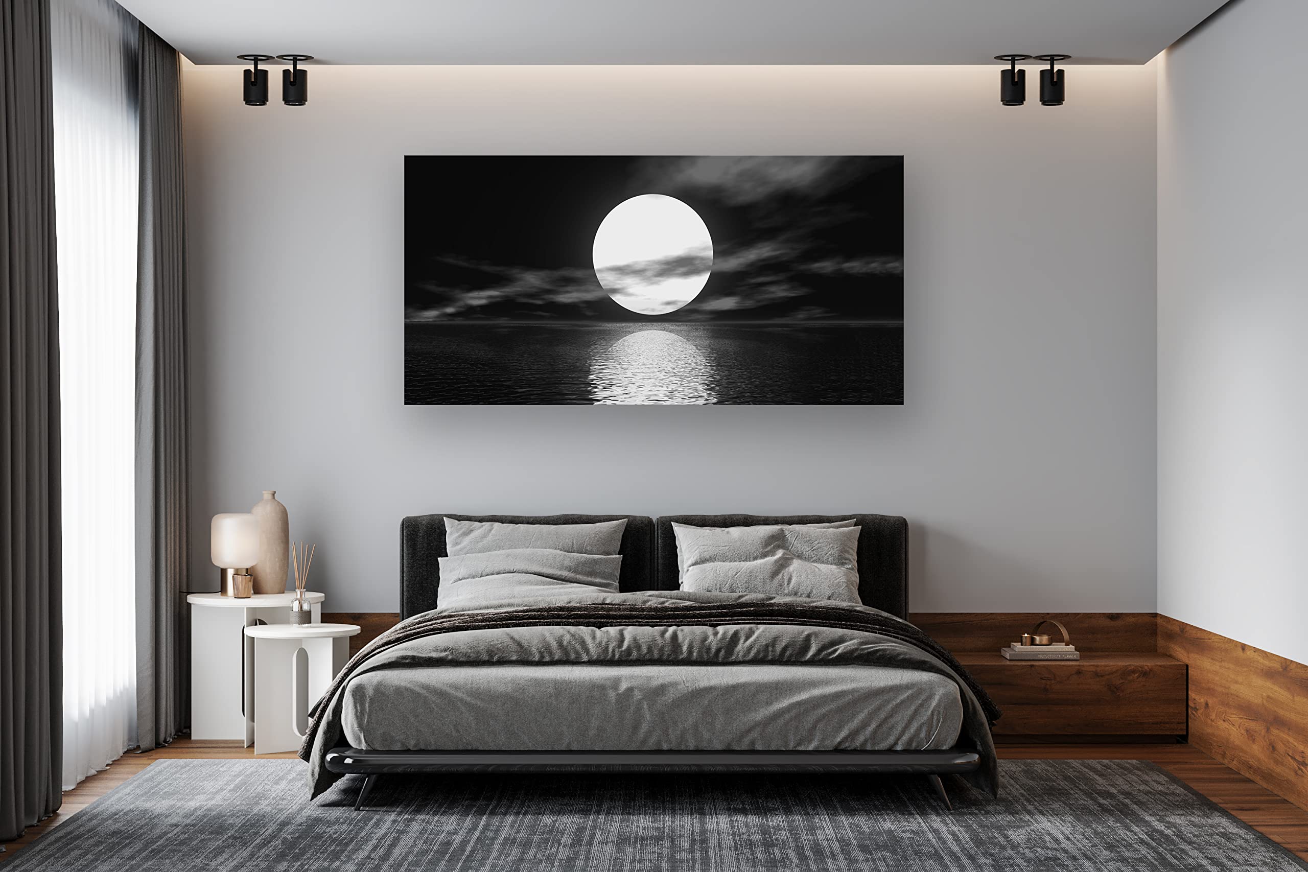 Cao Gen Decor Art S06462 Wall Art Canvas Sea White Full Moon in Night Picture Canvas Poster Print Black and White Ocean for Living Room Bedroom Kitchen Home Decorations Framed Artwork