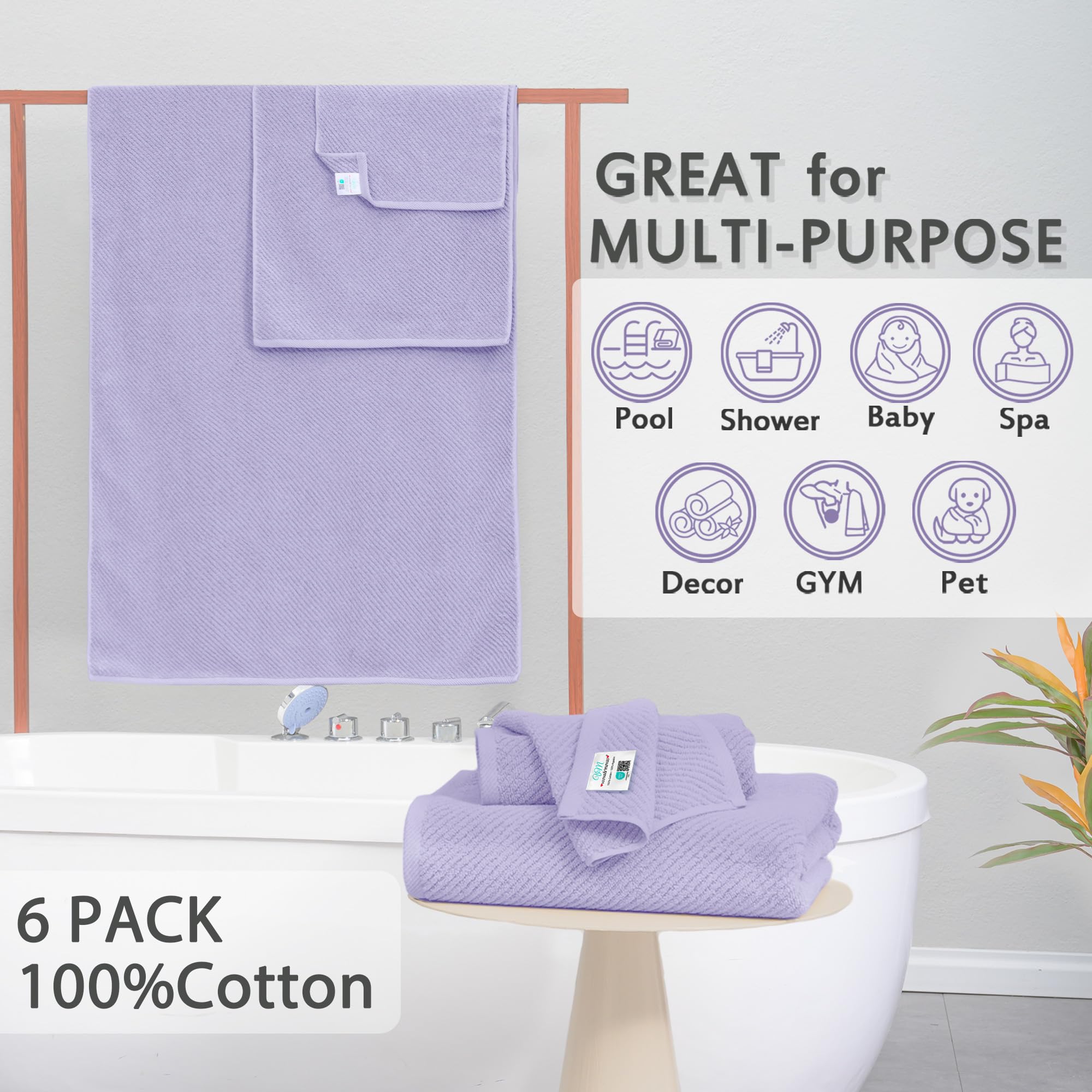Voova & Movas Bathroom Towels Set Of 6-100% Cotton | Quick Dry | Light Weight | Thick | Soft, 2 Large Bath Towels 30 X 56, 2 Han