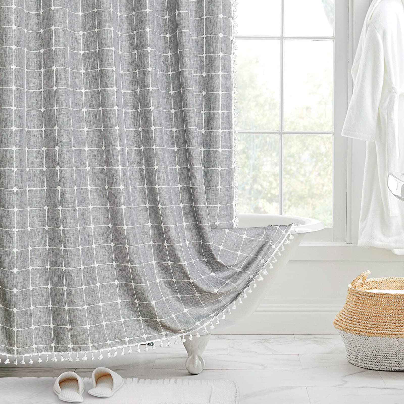 Mitovilla Blue Farmhouse Shower Curtain Set 72 X 78, Boho 78 Inch Long Cotton Linen Tassel Fabric Shower Curtain Set For Chic Co