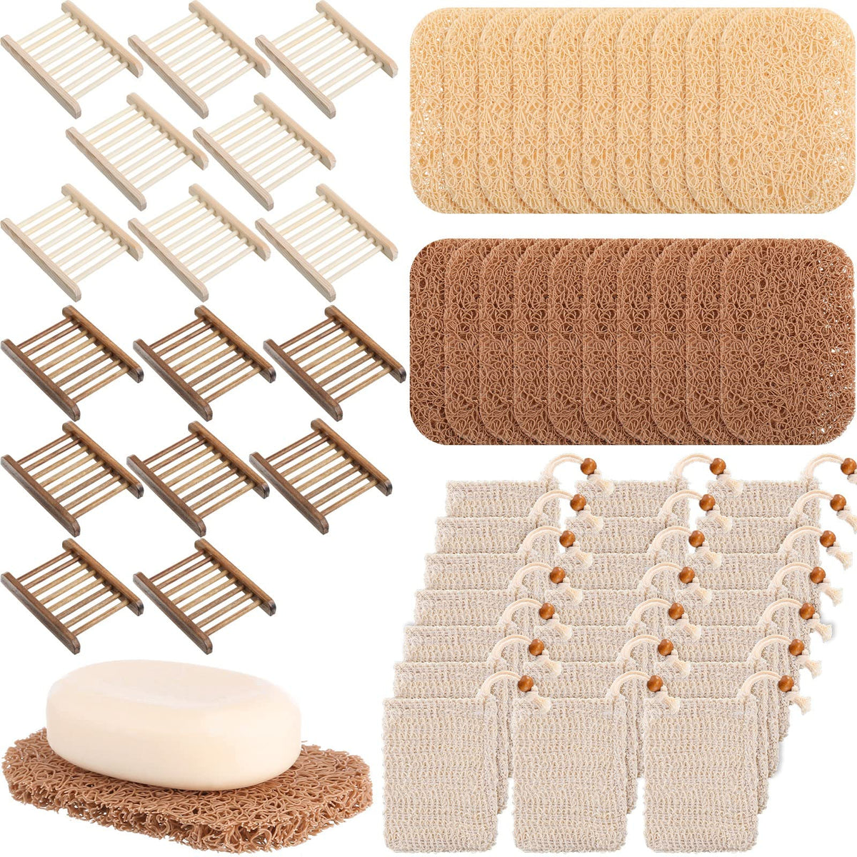 60 Pcs Soap Saver Set Including Wooden Soap Dish, Soap Exfoliating Bag, Soap Saver Pads Bulk With Self Drain, Bar Soap Holder Me