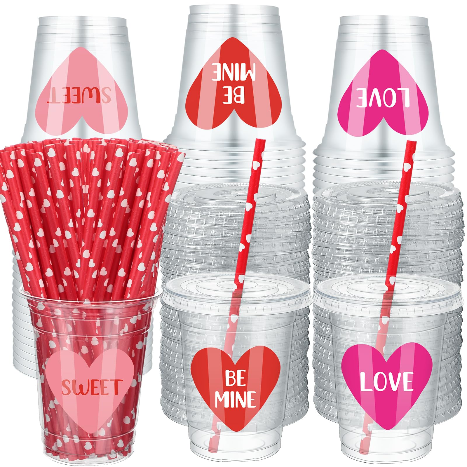 Patelai 120 Set 12 Oz Valentine'S Day Disposable Cups With Lids And Paper Straws Valentine'S Day Plastic Clear Pink Red Heart Be