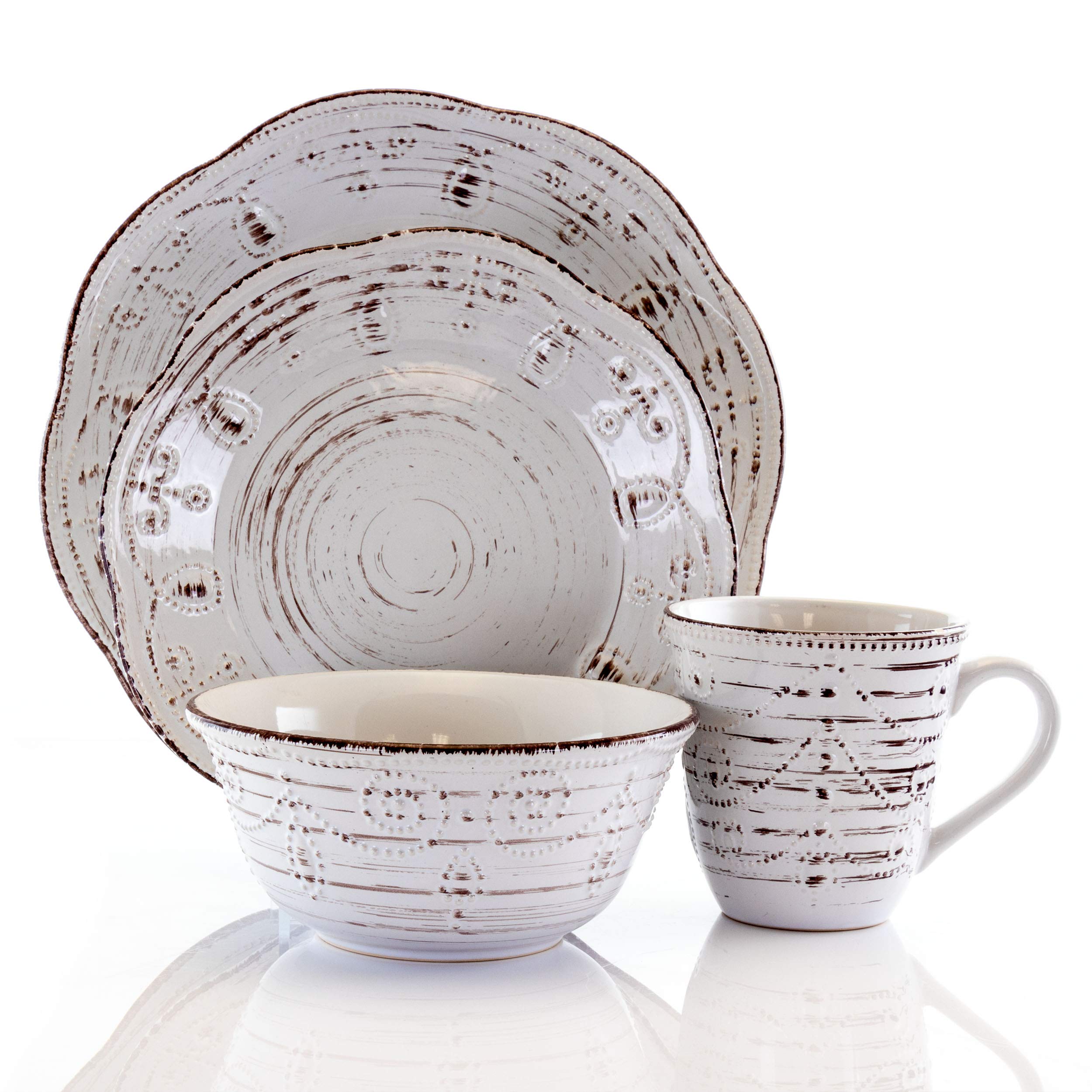 Elama Rustic Birch 16 Piece Embossed Scalloped Stoneware Round Dinnerware Set in White with Brown Accents
