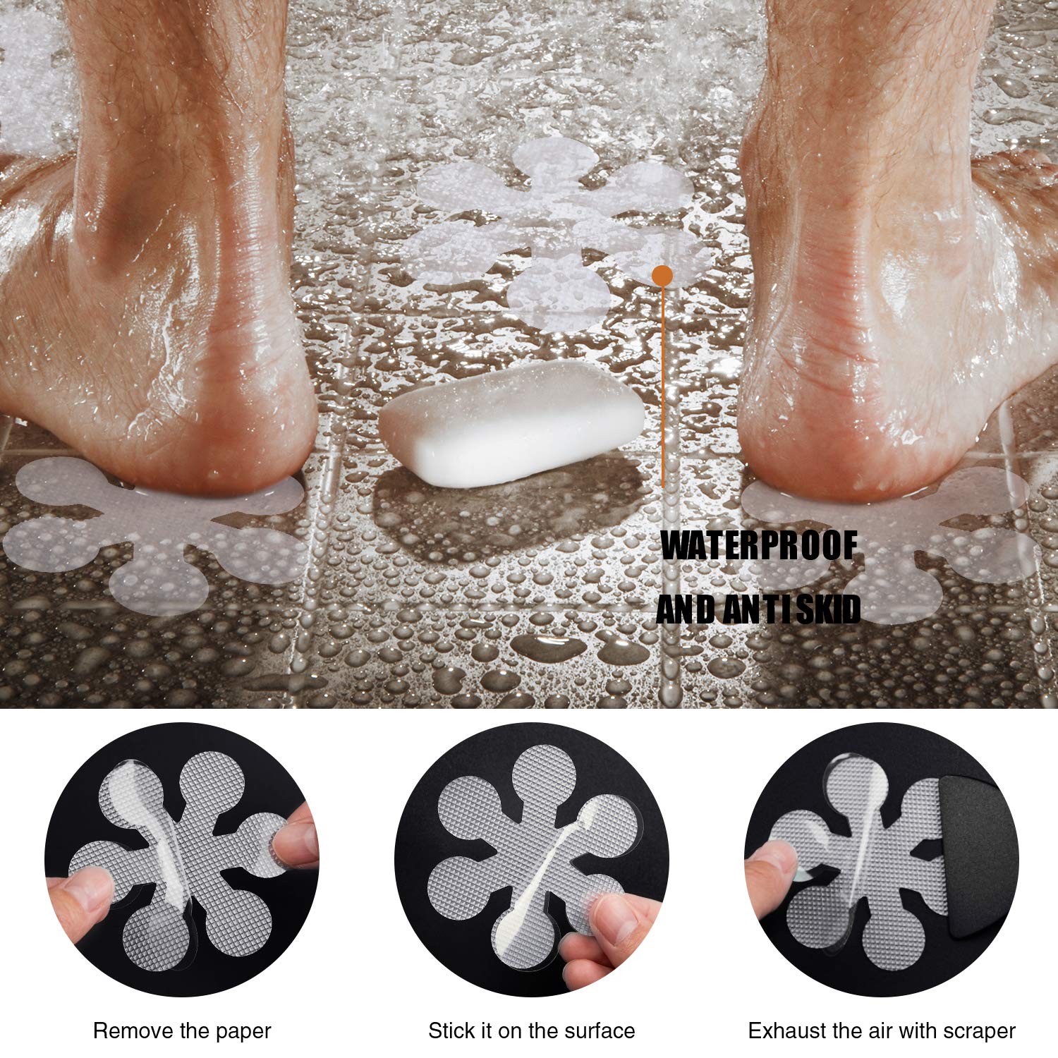 Secopad Bathtub Stickers Non-Slip, 24 Pcs Safety Shower Treads Adhesive Appliques With Premium Scraper