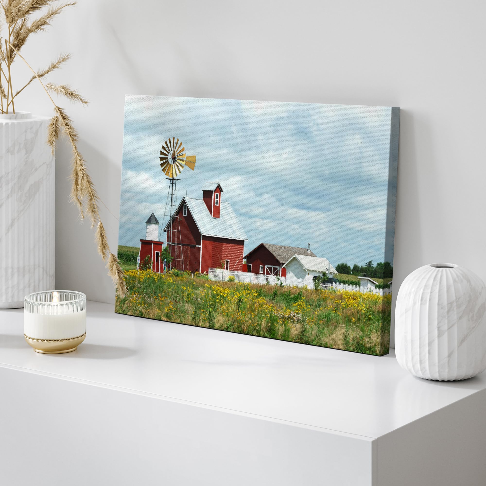 Canvas Prints Wall Art - Beautiful Scenery Of Windmill, Barn, Sheds And Fence On A Cloudy Day | Modern Wall Decor/Home Art Stret