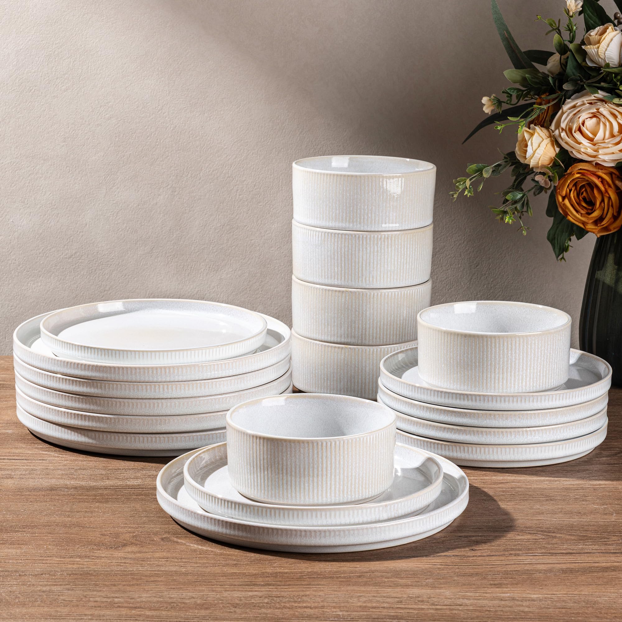 GBHOME 24-Piece Stoneware Dinnerware Set for 8 - Ribbed Ceramic Plates and Bowls, Scratch-Resistant, Microwave & Dishwasher Safe