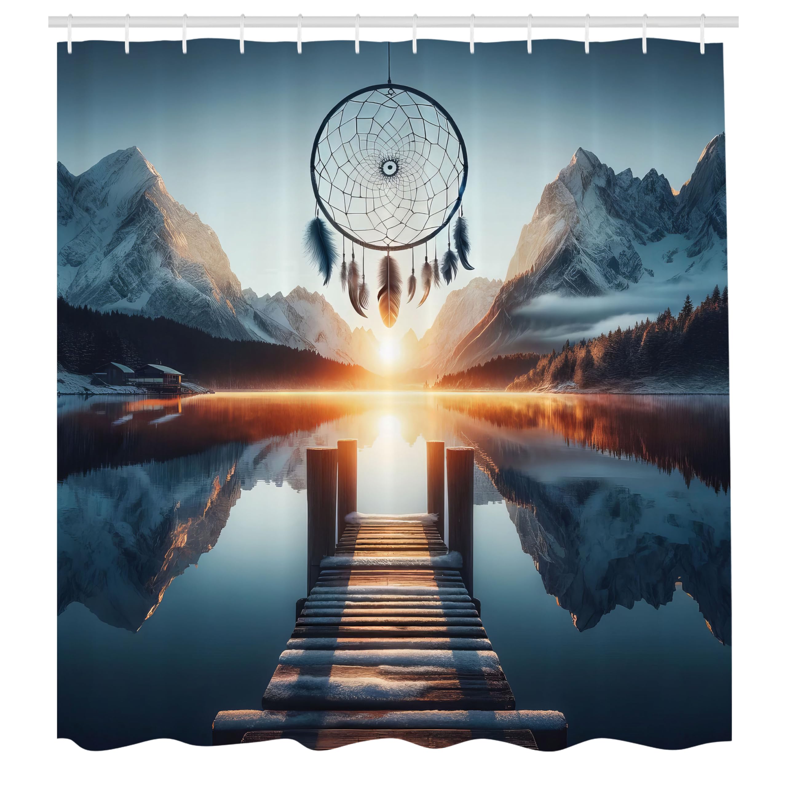 Ambesonne Lake Shower Curtain, Sunset Horizon Snowy Mountains Bohemian Dreamcatcher Peaceful View Wooden Pier, Cloth Fabric Bath