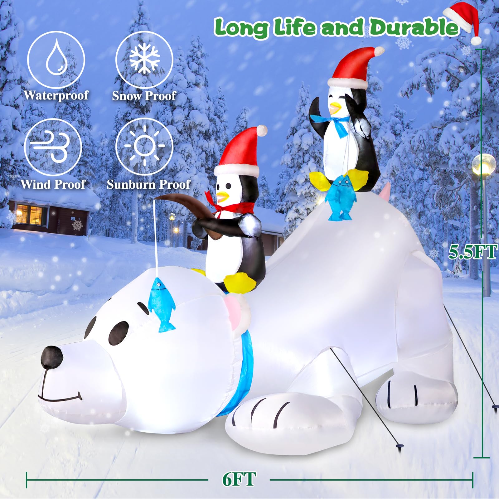 FunFanso 6FT Polar Bear Christmas Inflatable with Penguins, LED Lights, Colorful Yard Decoration, Model D01NA-027