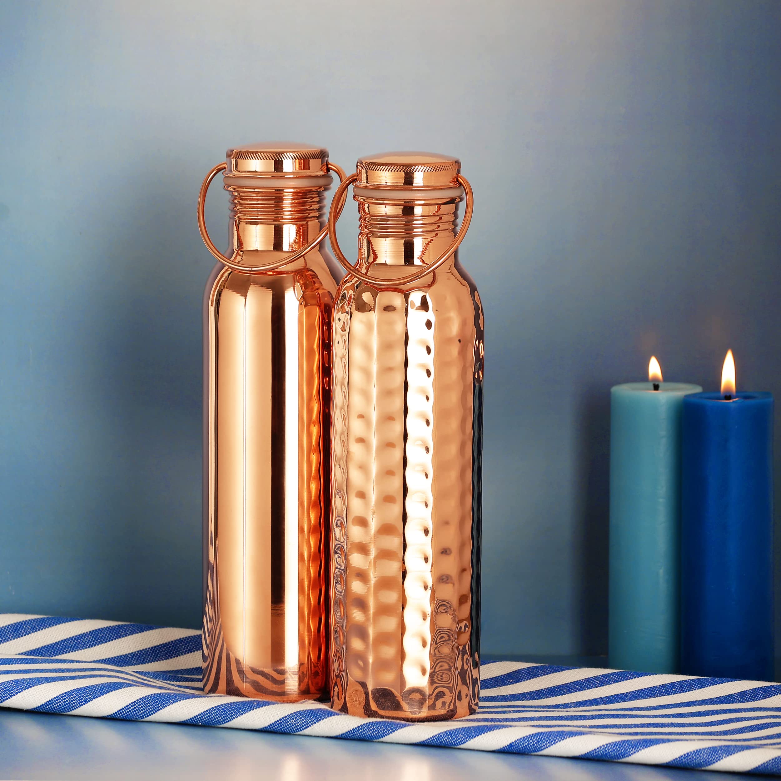 Set Of Plain And Hammered Copper Water Bottle With Handle, 600 Ml (20.28 Us Fl Oz) For Ayurveda Health Benefits