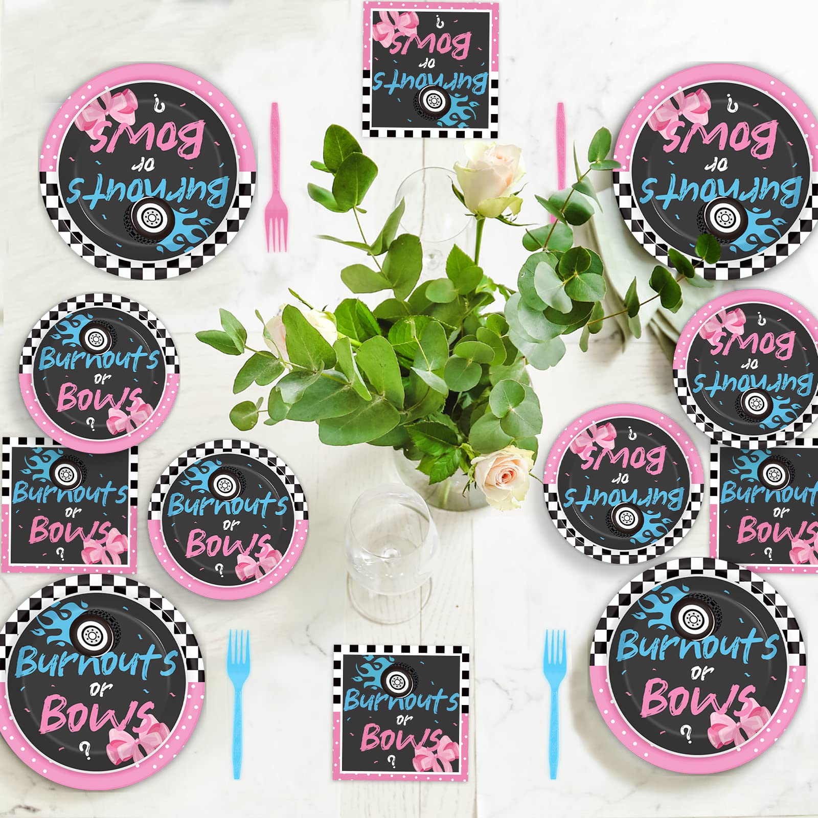 Chiazllta 96 Pcs Gender Reveal Burnouts Or Bows Party Plate And Napkins Supplies Disposable Boys Or Girls Tableware Decor Baby S