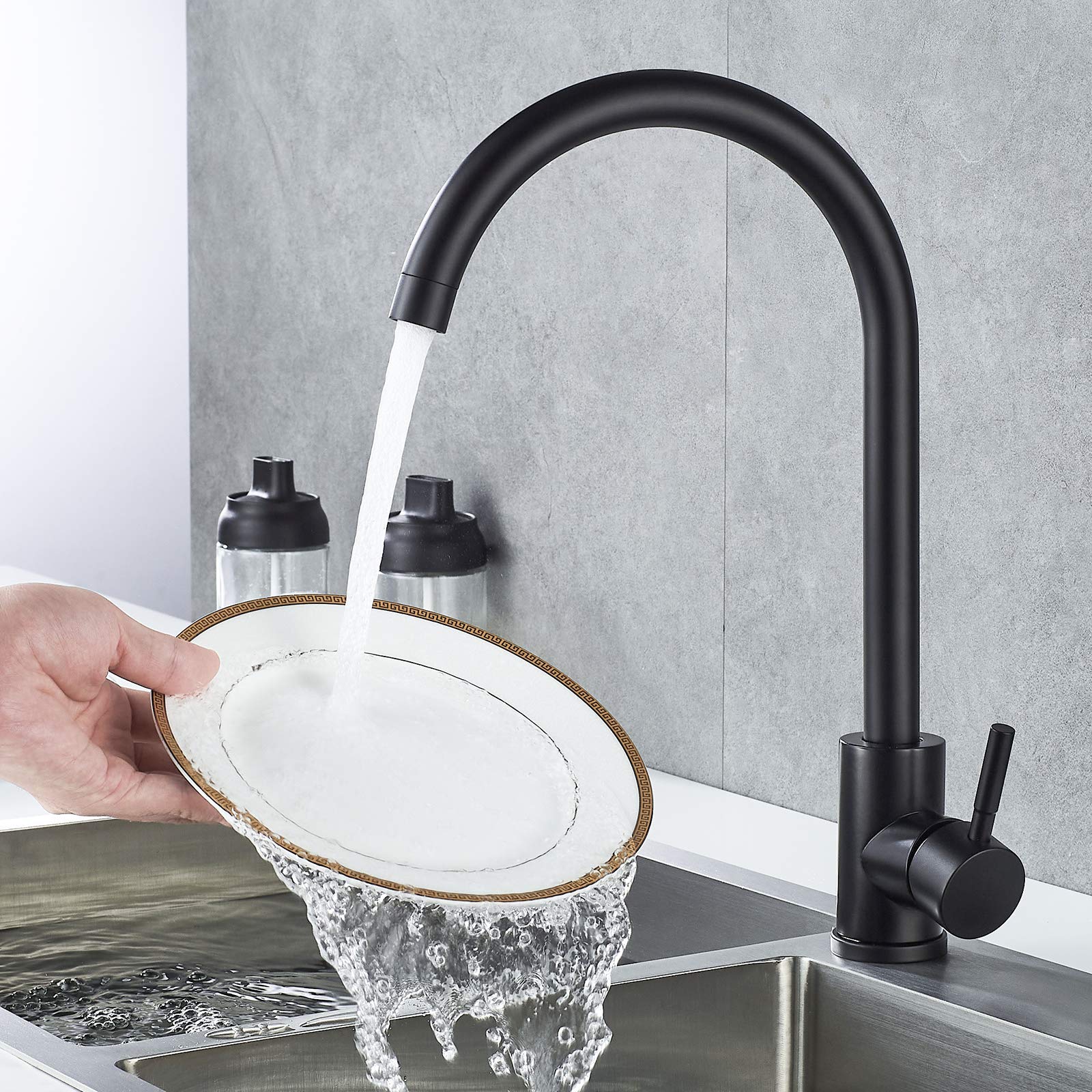 Kohonby High Arc Matte Black Kitchen Faucet Single Handle Stainless Steel Commercial Single Hole Kitchen Sink Faucet Modern One Hole Bar Sink Faucet (Matte Black)