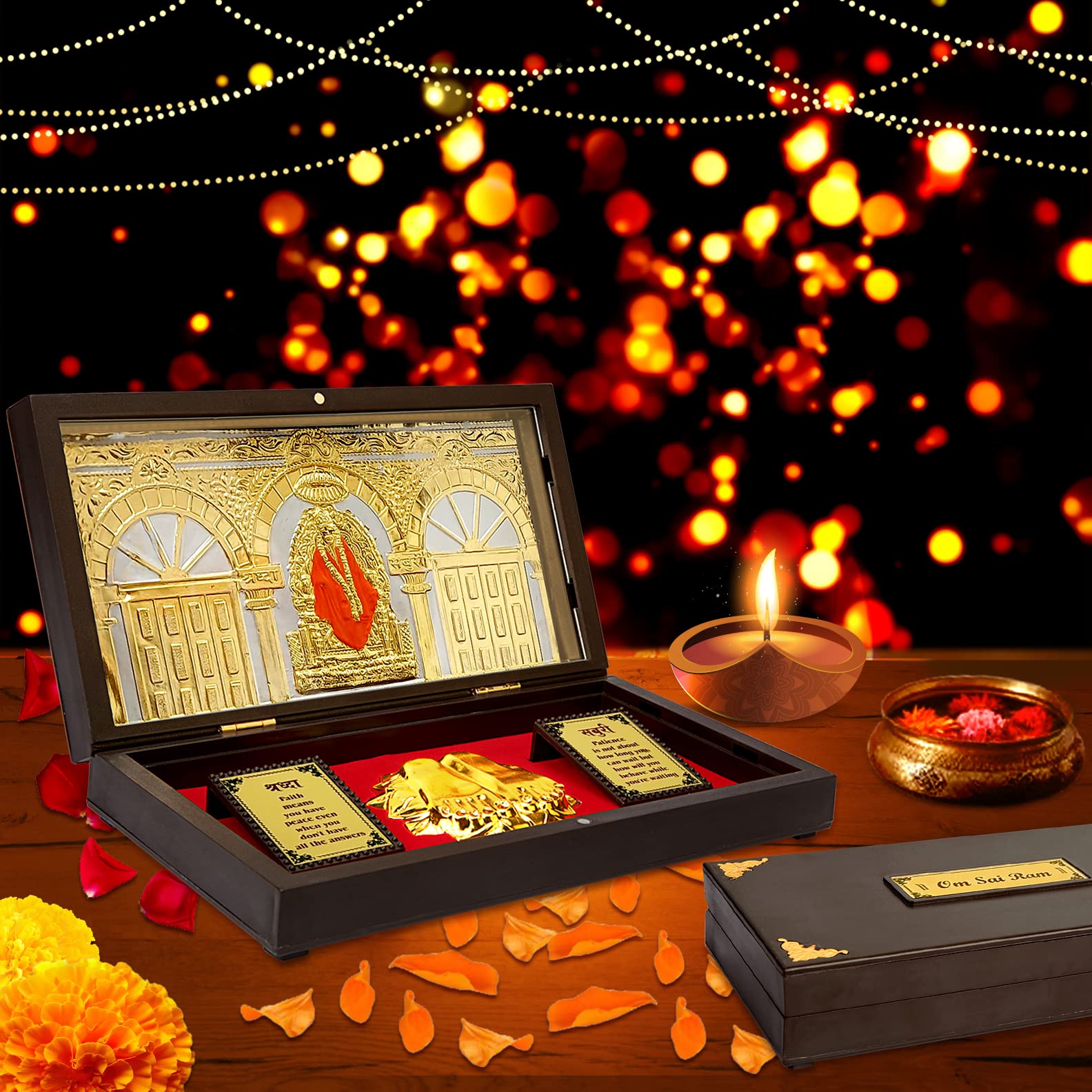 ARNAVIRA Plastic Shirdi Saibaba Gold Plated Photo Frame With Charan Paduka Pocket Temple For Diwali Gift,House Warming Gifts Ret