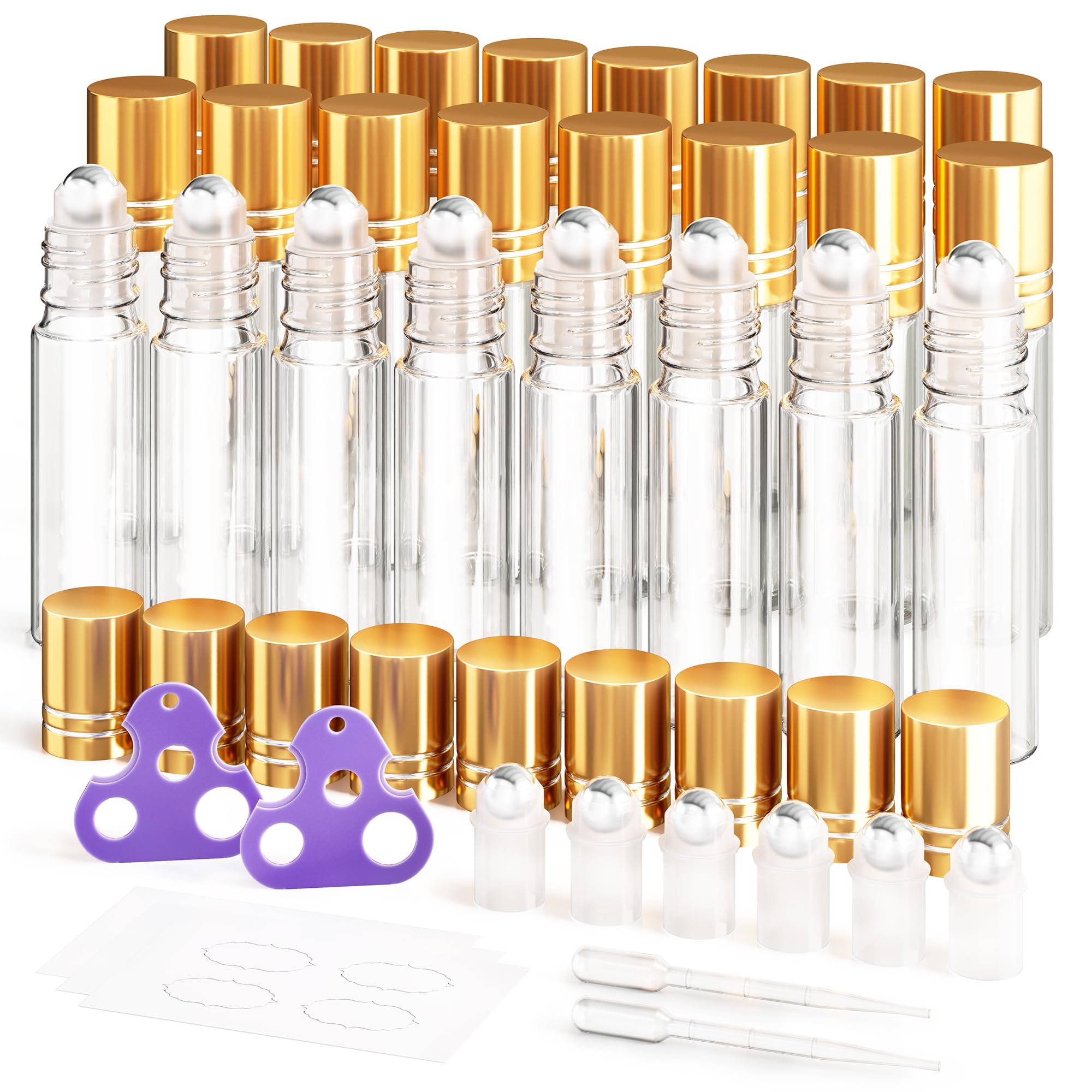 ULG 24-Pack Essential Oil Roller Bottles 10ml, Empty Bottles with Stainless Steel Roller Balls and Waterproof Labels, Clear Roll