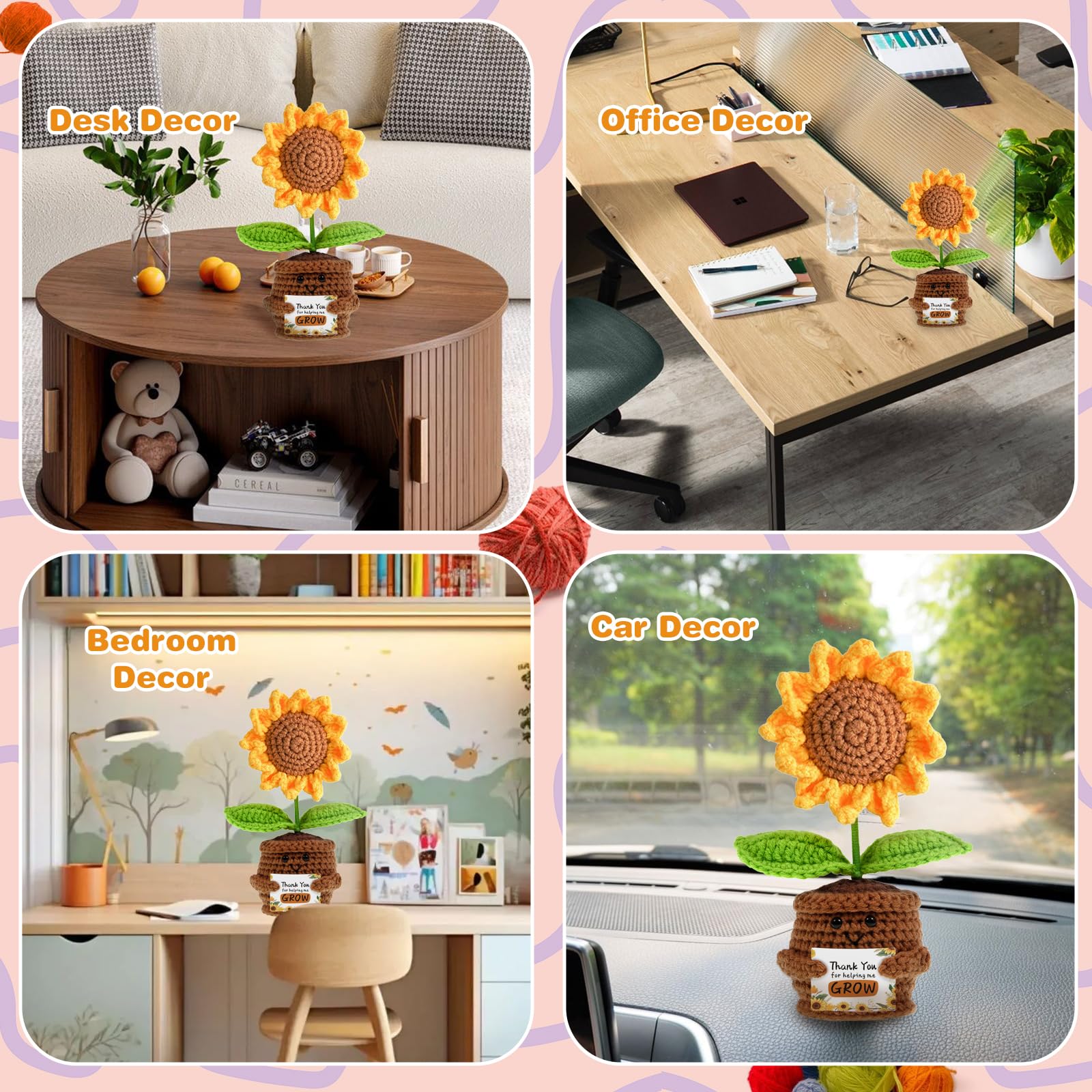 Hand Made Sunflower Crochet Knitting with Inspirational Cards - Thank You for Helping Me Grow Teachers and Parents Gifts for Chr