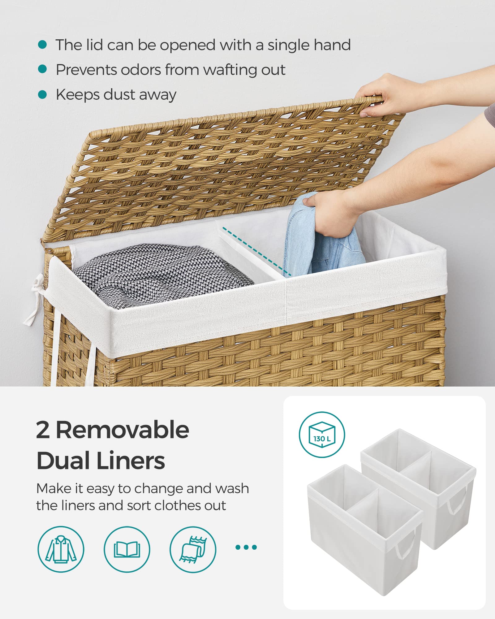 Songmics Laundry Hamper With Lid, 130L Clothes Hamper With 2 Removable Liner Bags, 6 Mesh Bags, Wicker Laundry Basket, Double La