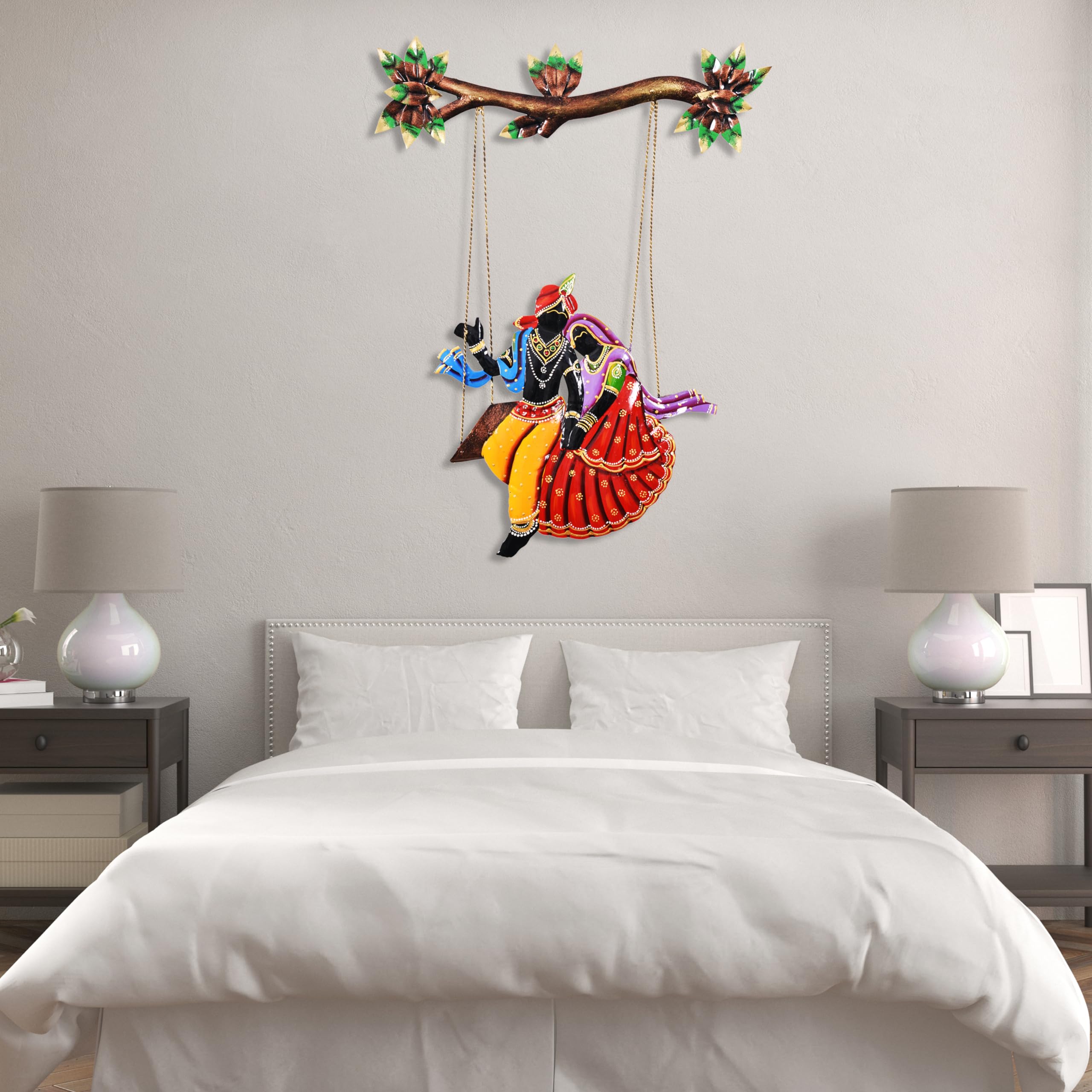 CRAFTBEE Handcrafted Metal Radha Krishna on Jhula Wrought Wall Hanging Figurine Showpiece Rajasthani Gift for Home Decor & Livin