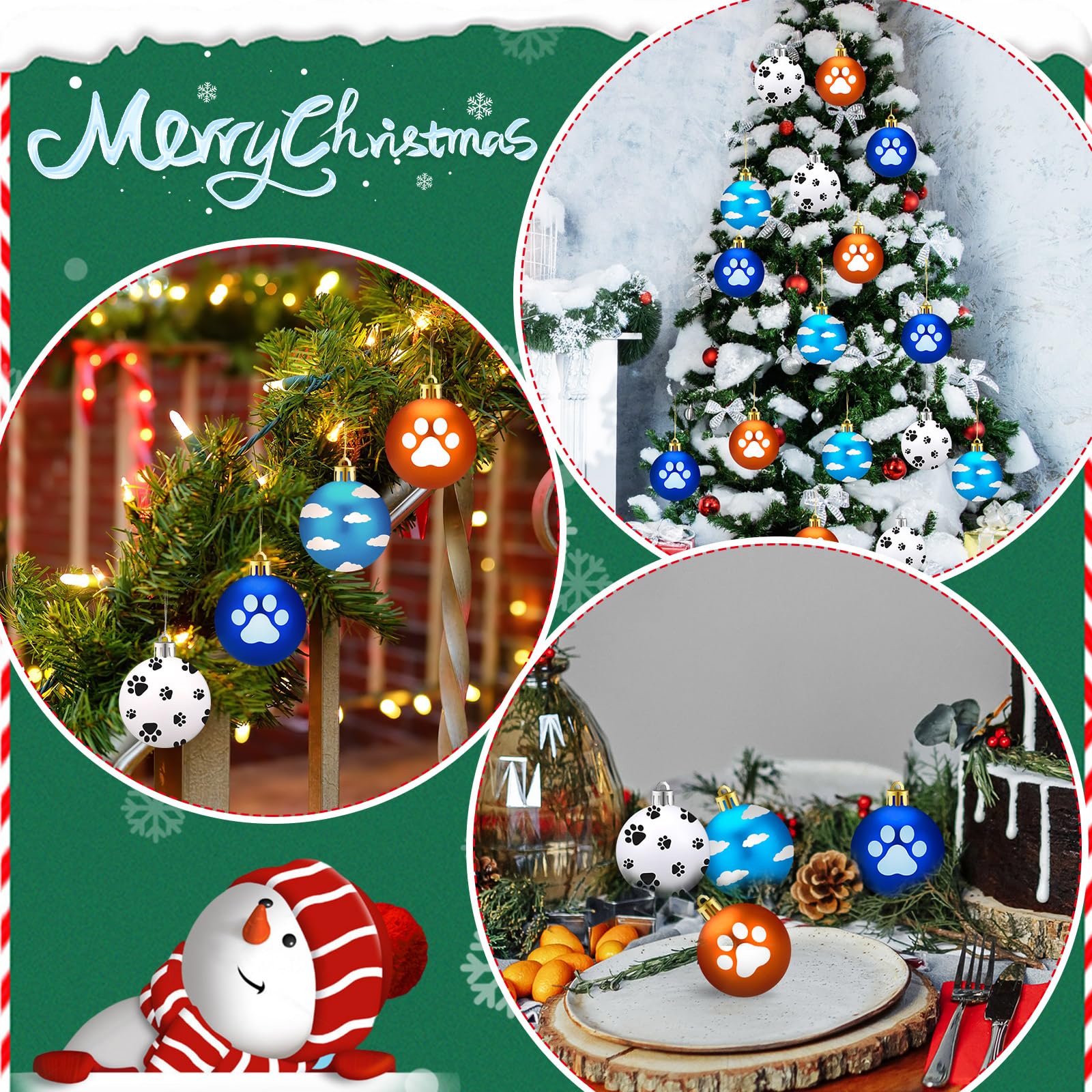 Hollowfly 24 Pcs Blue and Orange Christmas Dog Tree Ornaments 2.36 Inch Sky Cartoon Paw Clouds Christmas Ball Ornaments Set Plas
