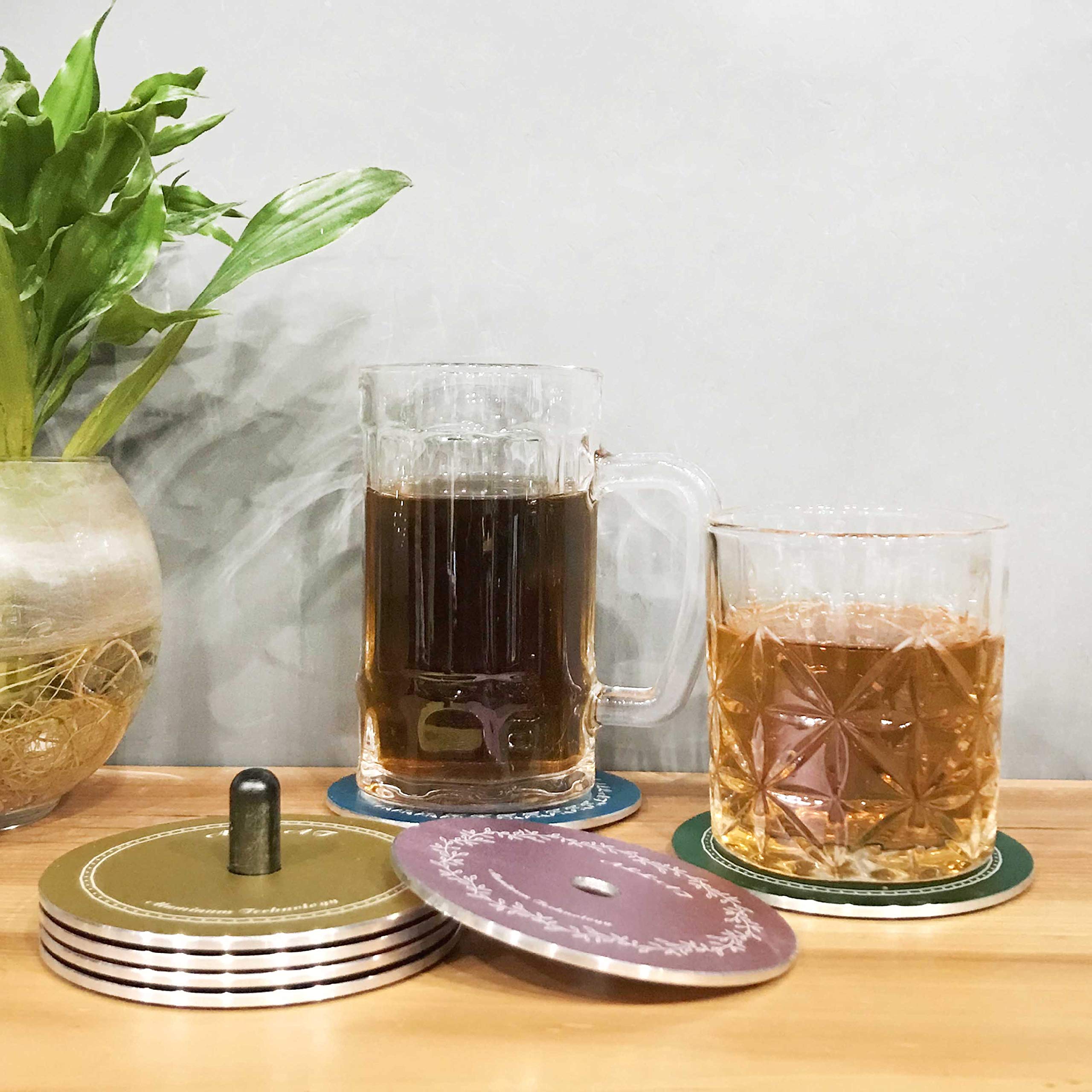 All-At Coasters For Drink With Holder Aluminum Set Of 6 For Home Counters, Kitchen, Dining, Living Room, Coffee Table