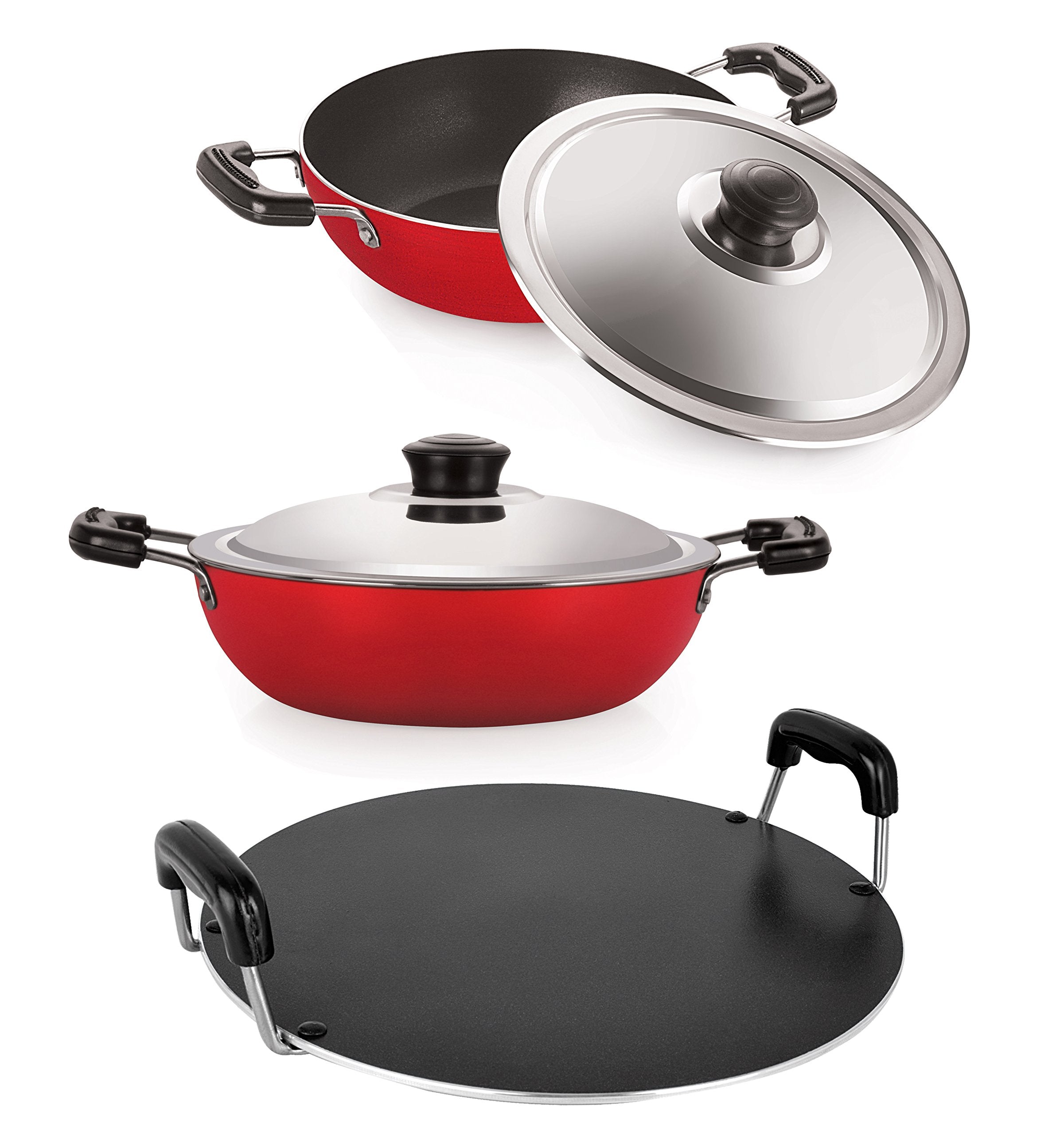 Nirlon NonStick Aluminium Cookware Set, 3Pieces, Red (2.6Mm_Dkdm_Dkdb_Rt)