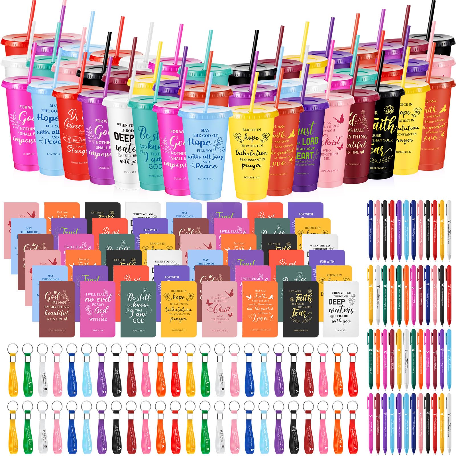 Hollowfly 48 Set / 192 Pcs Christian Church Gifts Bulk, Plastic Cups with Bible Verse Pens Keychains Notebooks for Women Christi