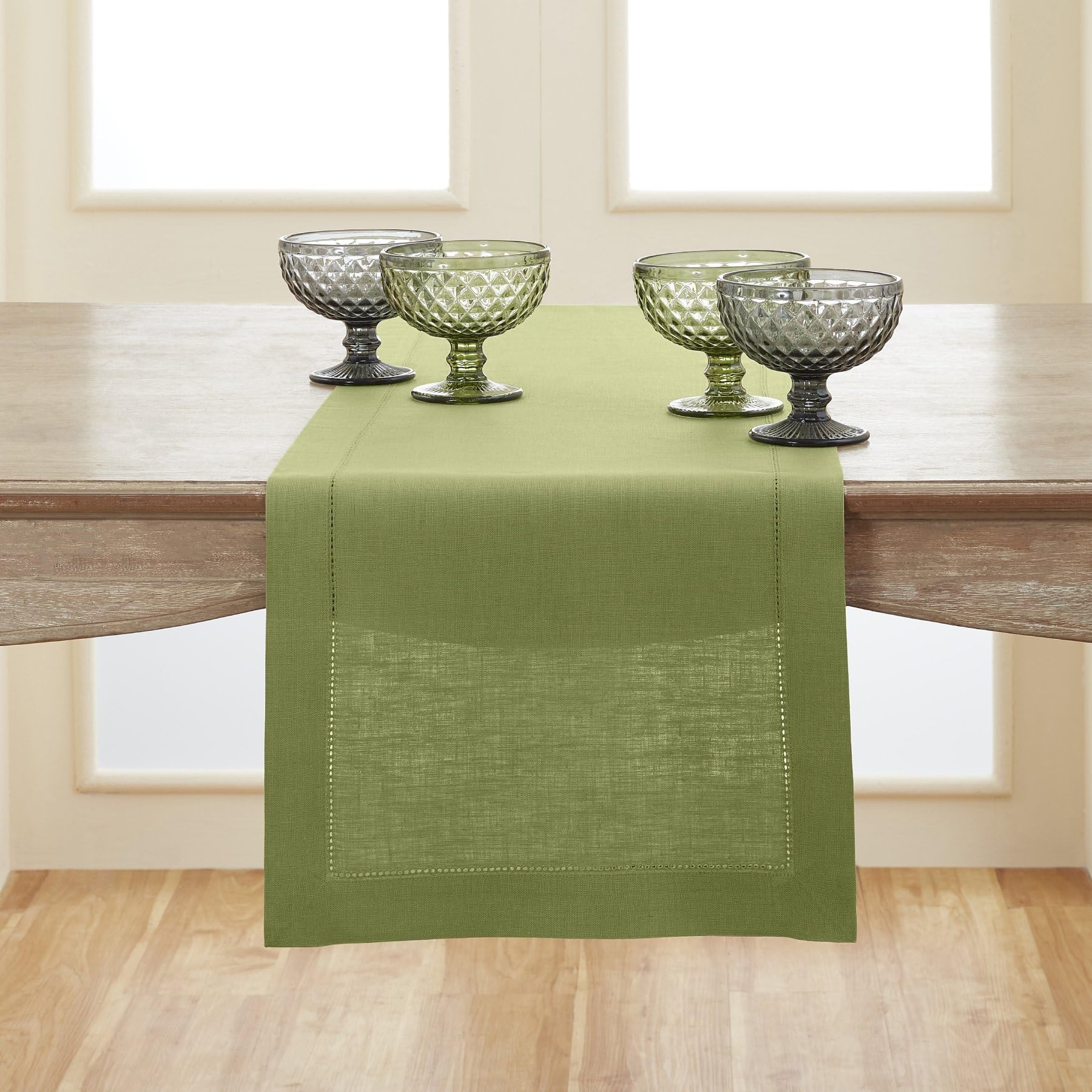 Solino Home Linen Moss Green Table Runner 120 Inches Long - 100% Pure Linen Classic Hemstitch Dining Table Runner 14 X 120 Inch