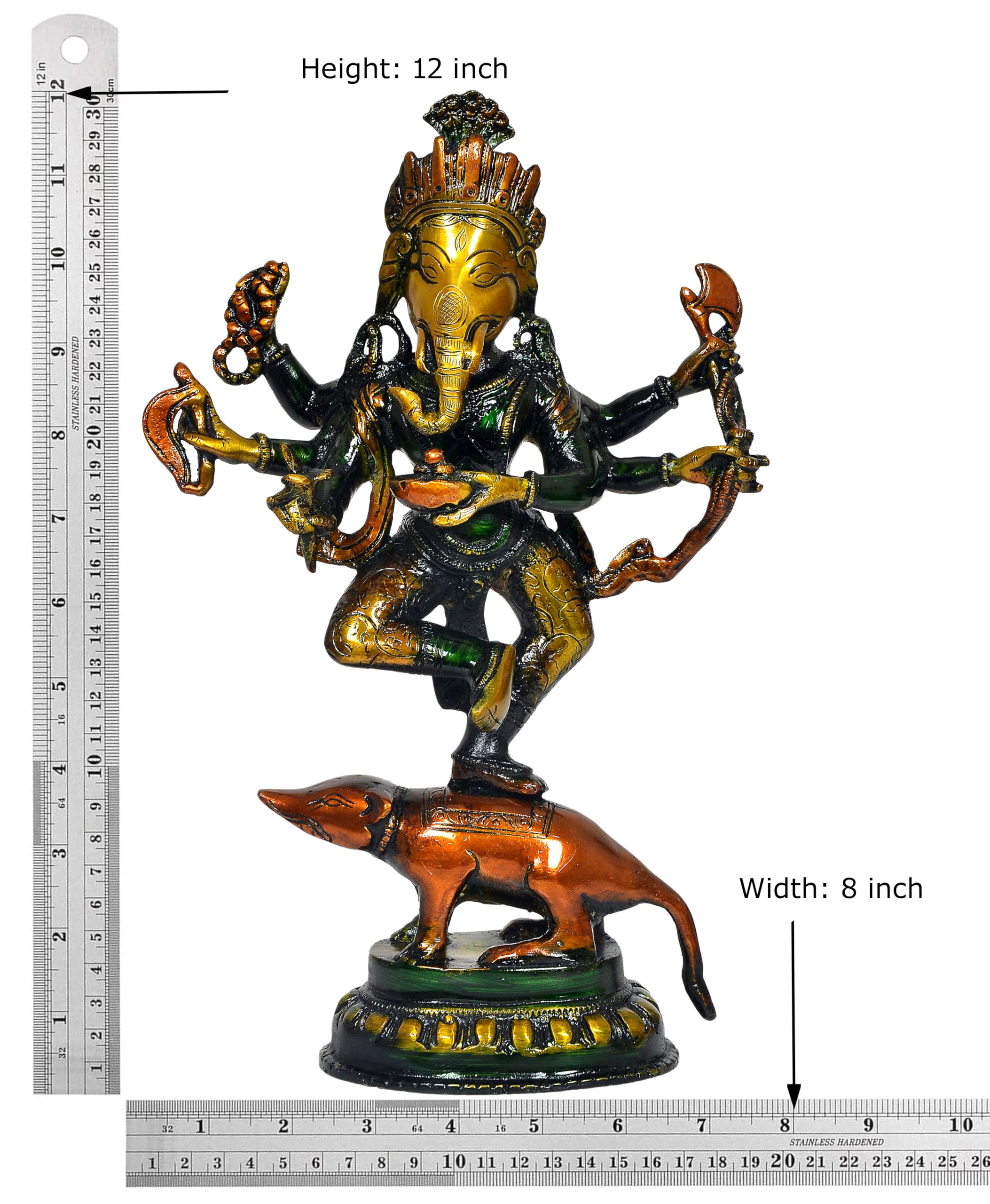 Dattatreya Brass Ganesha Six Hand God Ganesh Dancing On Mushak Idol For Home Decor Pooja Mandir Temple (Height 12 Inch)
