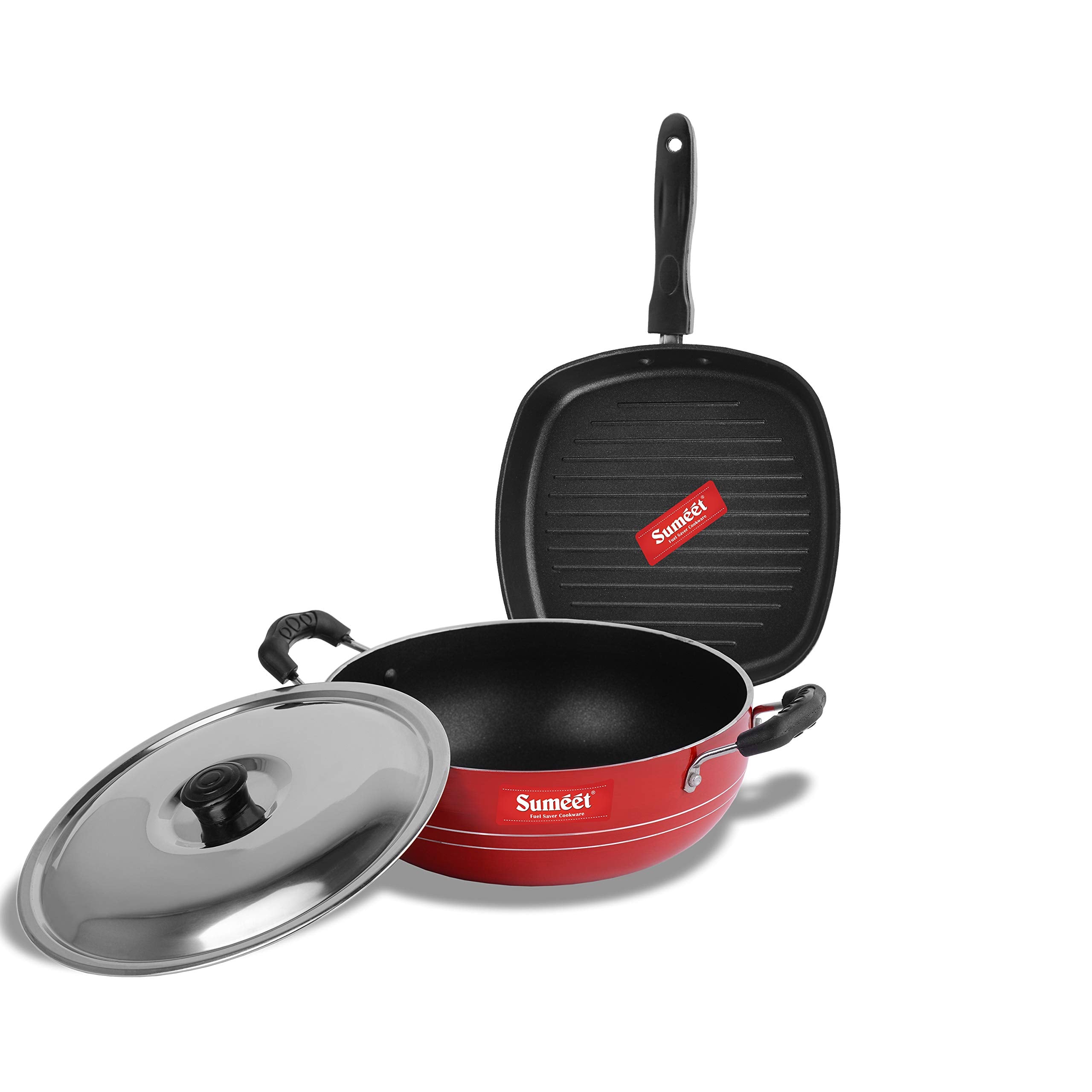 Sumeet 2.6Mm Thick NonStick Scarlet Cookware Set (Kadhai With Lid  1.5Ltr Capacity 20Cm Dia + Grill Pan  1.1Ltr Capacity  2