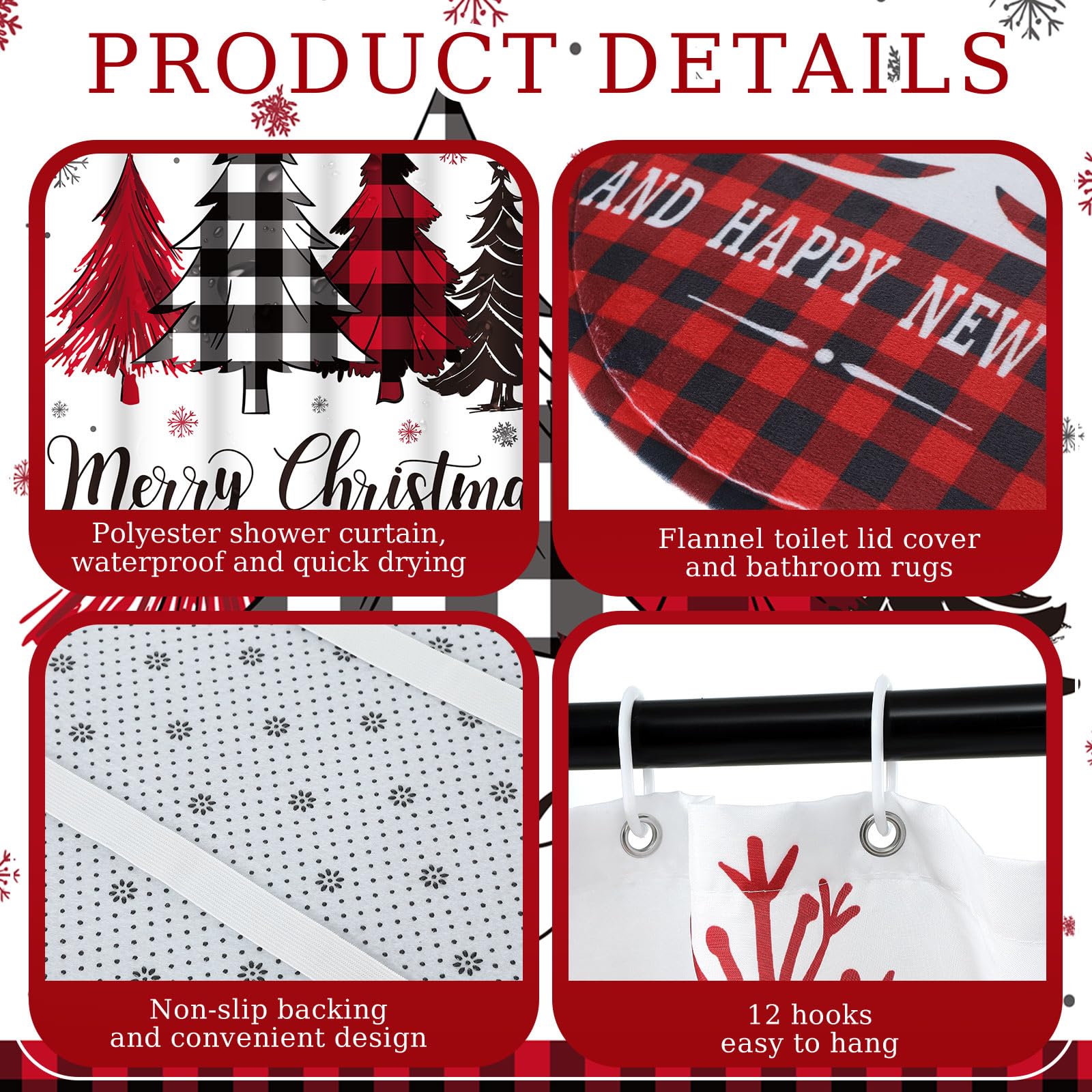 Honoson 8 Pcs Christmas Shower Curtain Set with Rugs and Kitchen Towels Buffalo Plaid Christmas Tree Bathroom Decor Merry Christ