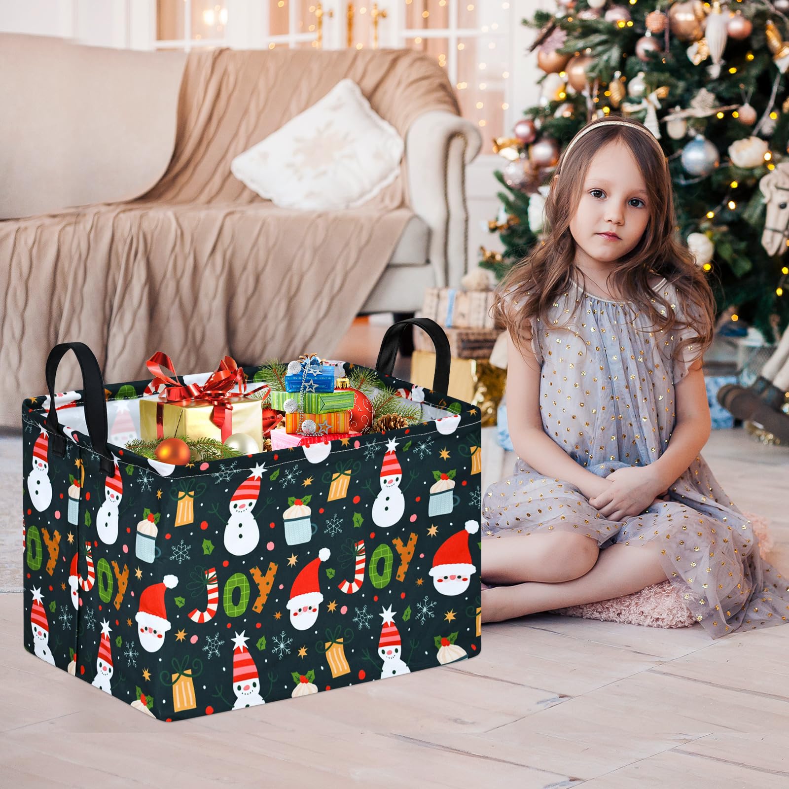 MAIZMZ Xmas Gifts Basket for Kids Santa Claus Snowman Storage Baskets Collapsible Nursery Hamper Waterproof Clothes Toy Bin Book
