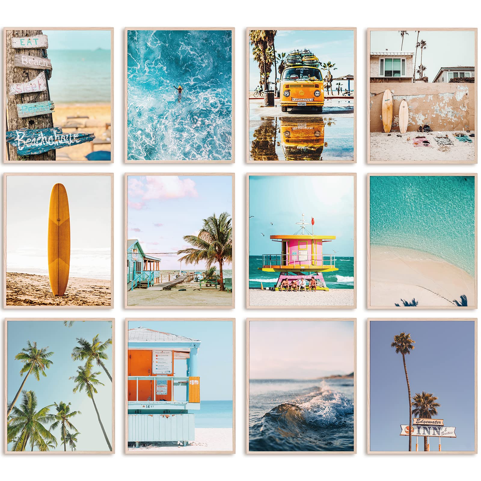 Whaline 12 Pcs Summer Beach Wall Art Prints Ocean Seascape Picture Wall Art Hawaii Coastal Beach Paper Poster Decoration for Bed